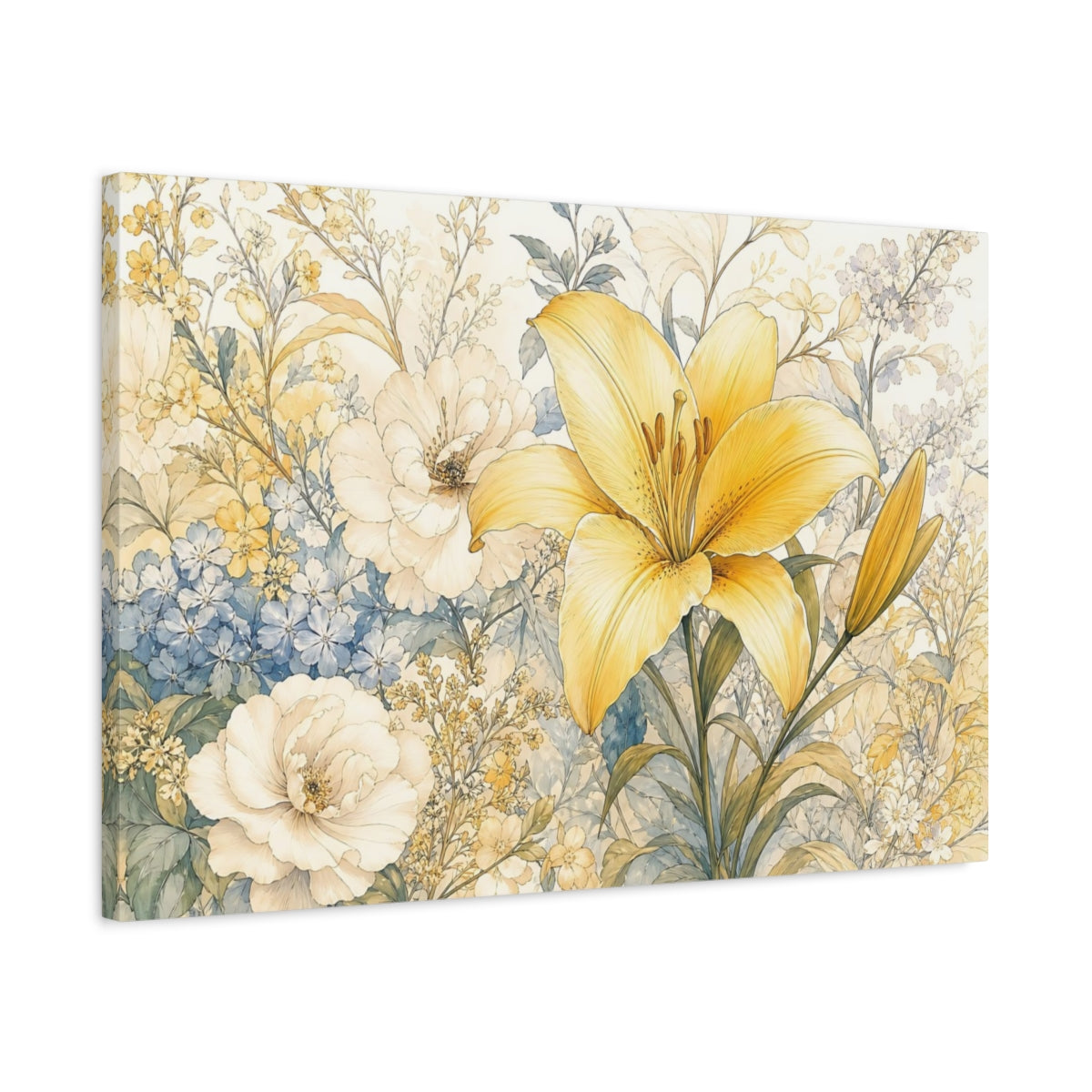 Side Mockup 2. Floral Yellow Lily Yellow Blue Floral shown as stretched canvas wall art