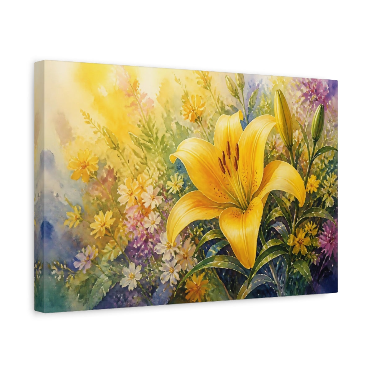 Side Mockup 4. Floral Yellow Lily Yellow Lily Floral shown as stretched canvas wall art