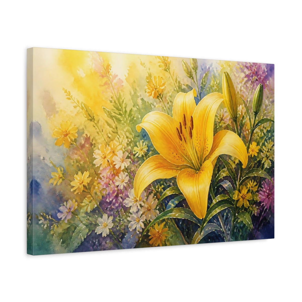Side Mockup 3. Floral Yellow Lily Yellow Lily Floral shown as stretched canvas wall art