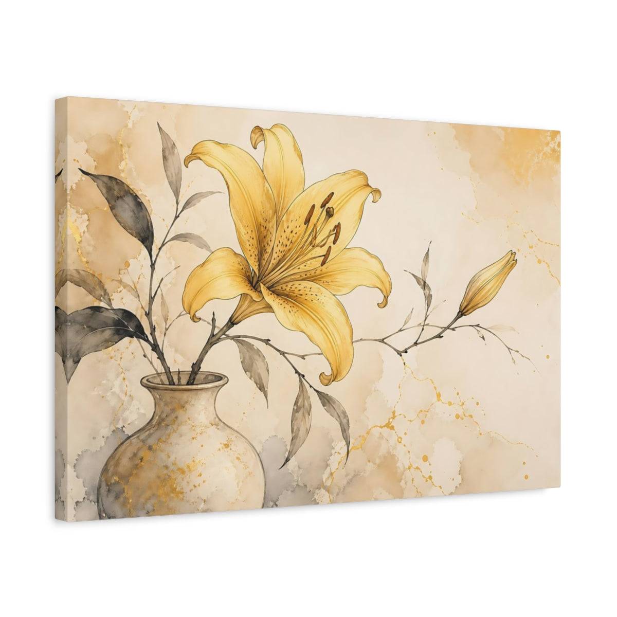 Side Mockup 3. Floral Yellow Lily Yellow Lily Gold shown as stretched canvas wall art