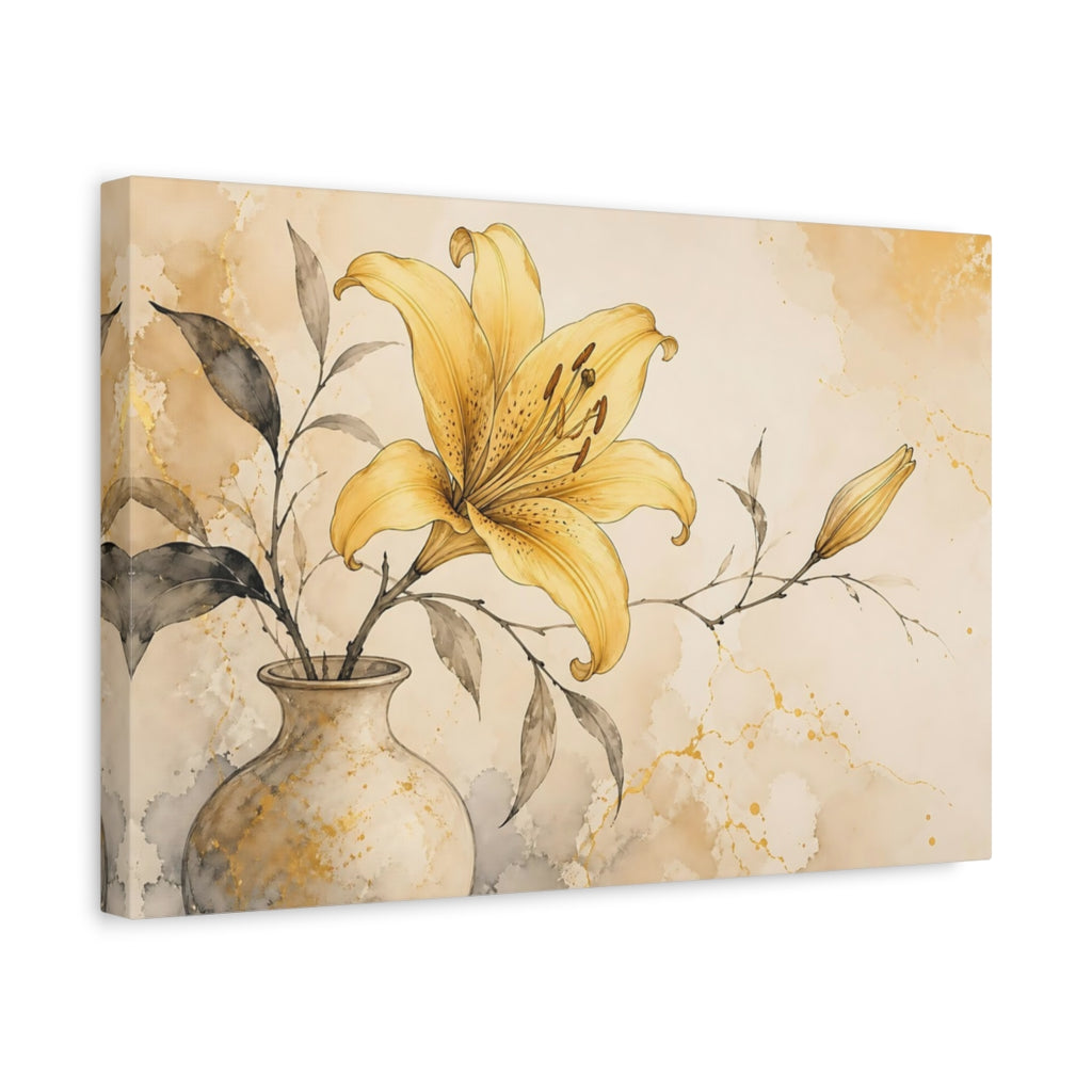 Side Mockup 4. Floral Yellow Lily Yellow Lily Gold shown as stretched canvas wall art