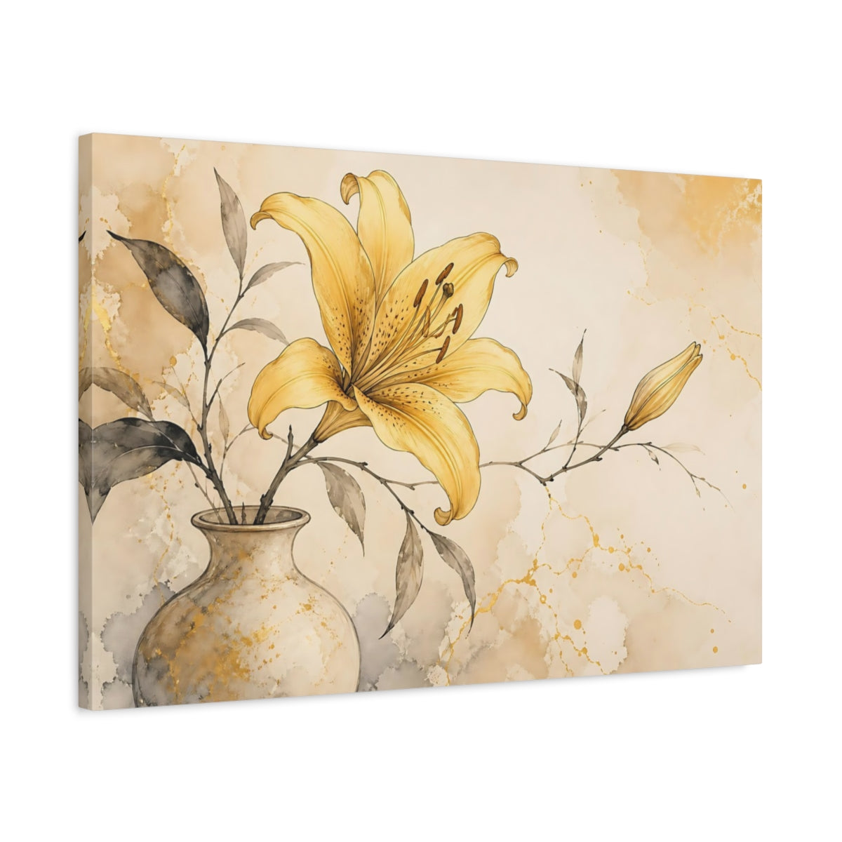 Side Mockup 2. Floral Yellow Lily Yellow Lily Gold shown as stretched canvas wall art