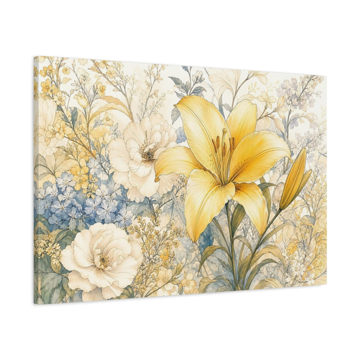 Main Mockup. Floral Yellow Lily Yellow Blue Floral shown as stretched canvas wall art