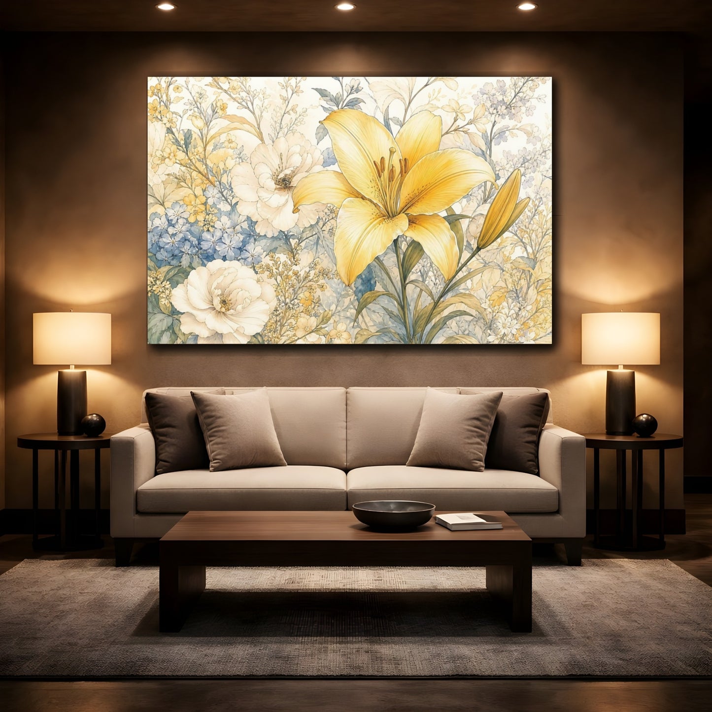 Mockup 2. Floral Yellow Lily Yellow Blue Floral shown as stretched canvas wall art