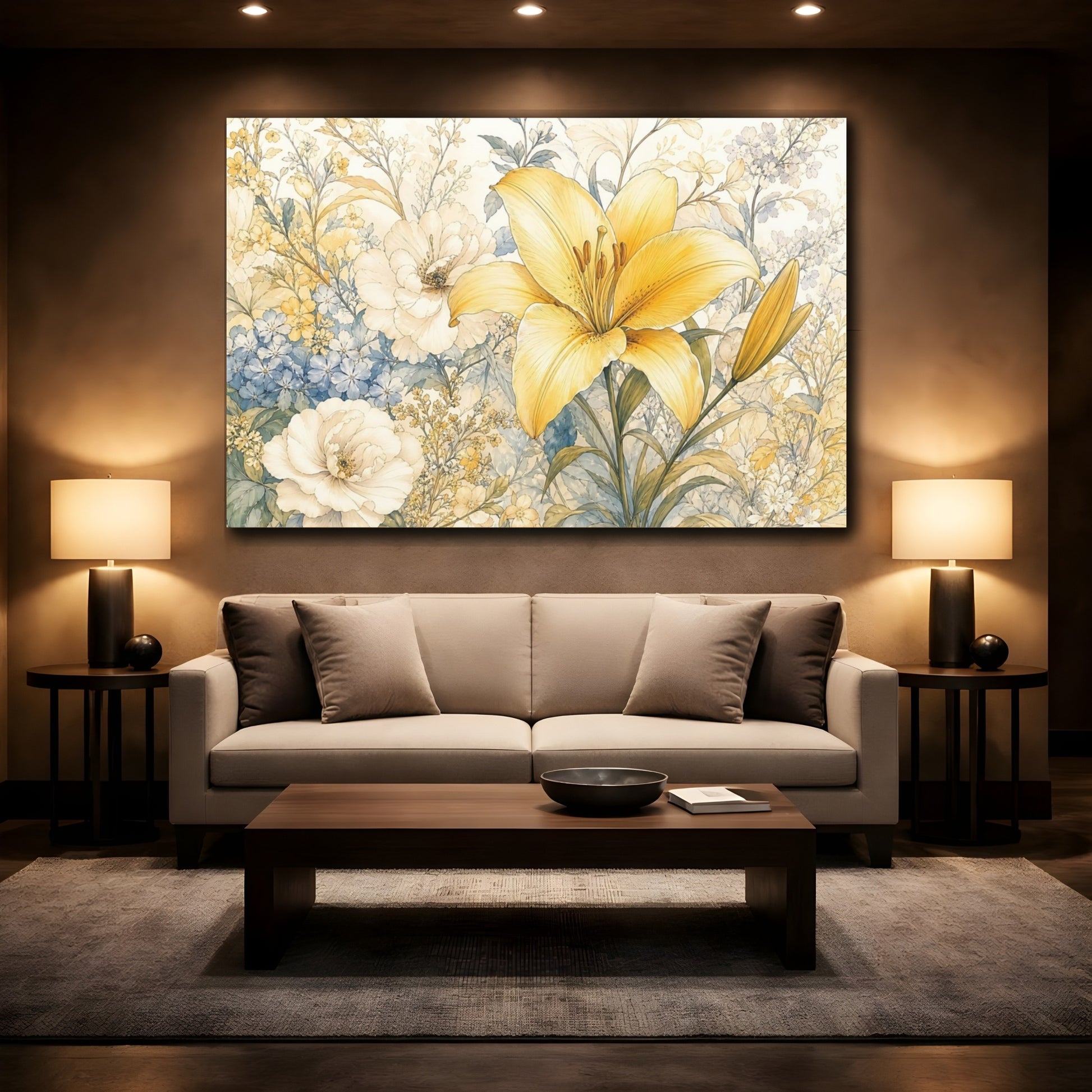 Mockup 2. Floral Yellow Lily Yellow Blue Floral shown as stretched canvas wall art