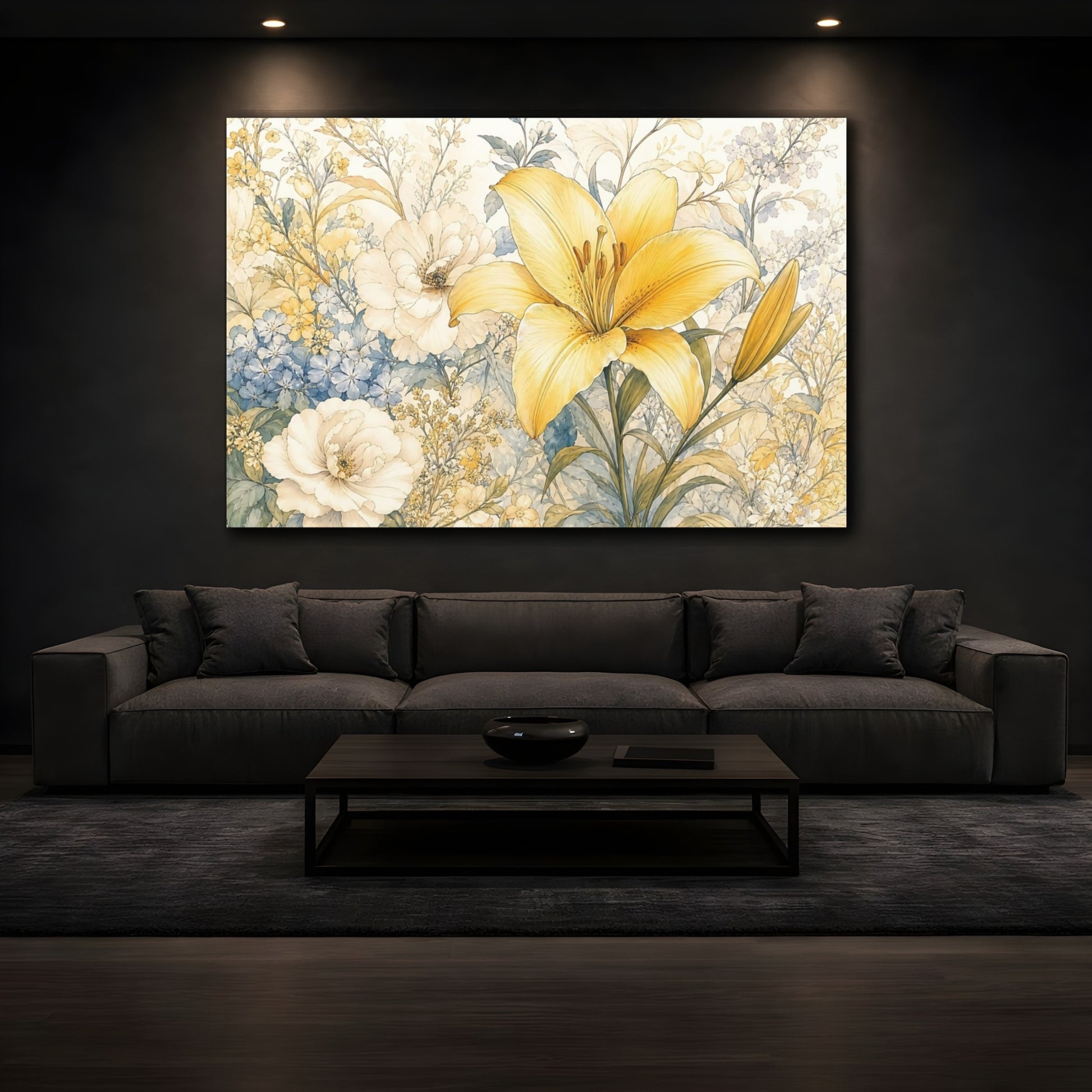 Mockup 3. Floral Yellow Lily Yellow Blue Floral shown as stretched canvas wall art