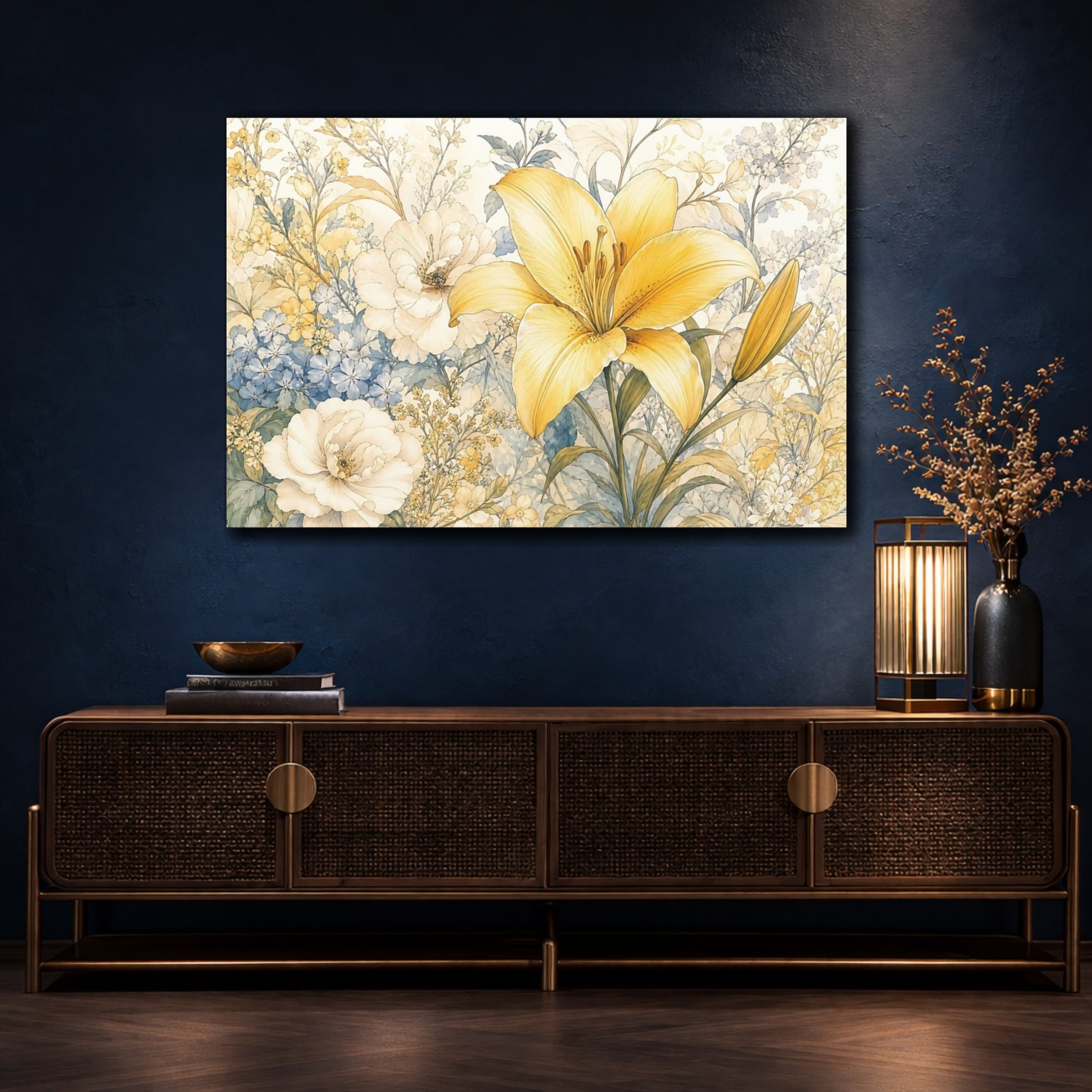 Mockup 4. Floral Yellow Lily Yellow Blue Floral shown as stretched canvas wall art