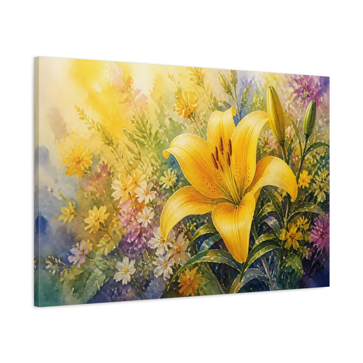Main Mockup. Floral Yellow Lily Yellow Lily Floral shown as stretched canvas wall art