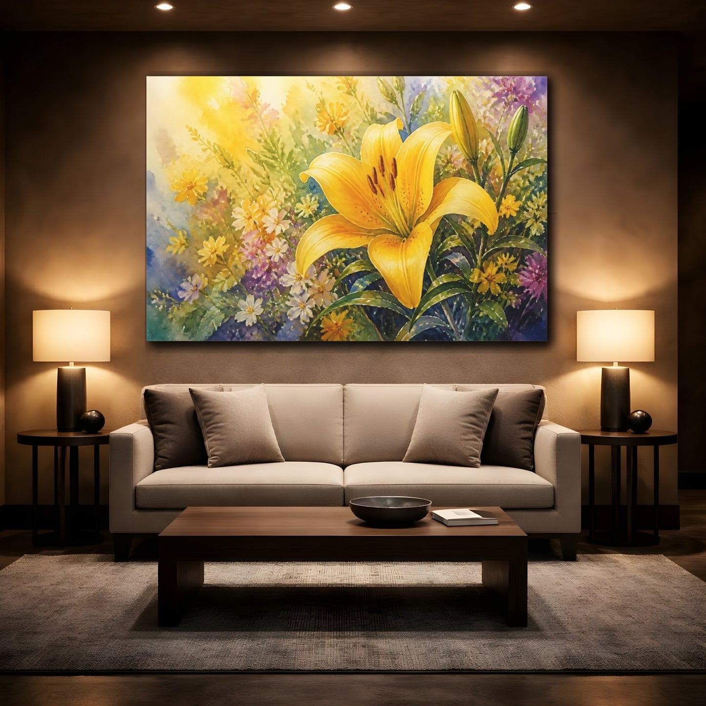 Mockup 2. Floral Yellow Lily Yellow Lily Floral shown as stretched canvas wall art