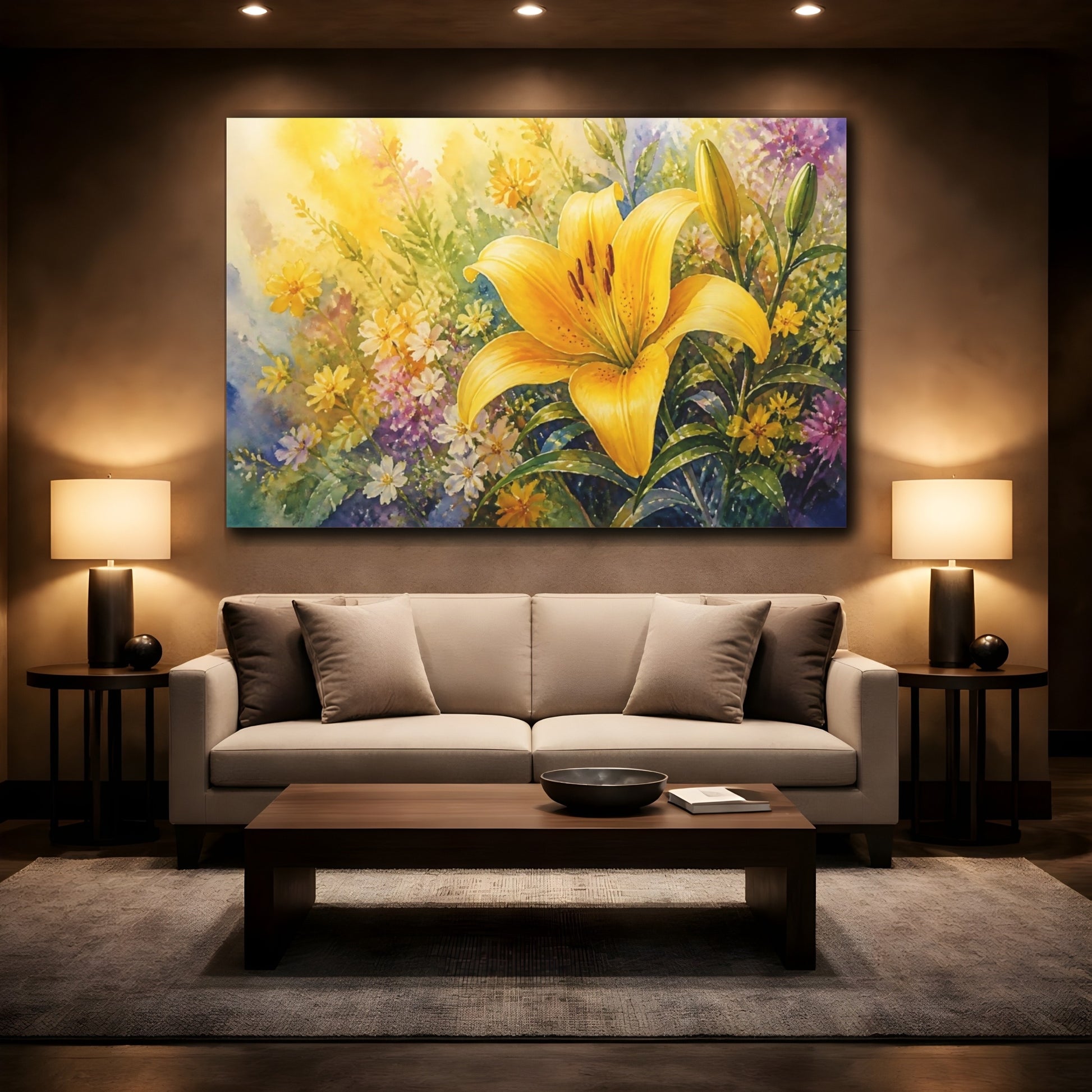 Mockup 2. Floral Yellow Lily Yellow Lily Floral shown as stretched canvas wall art