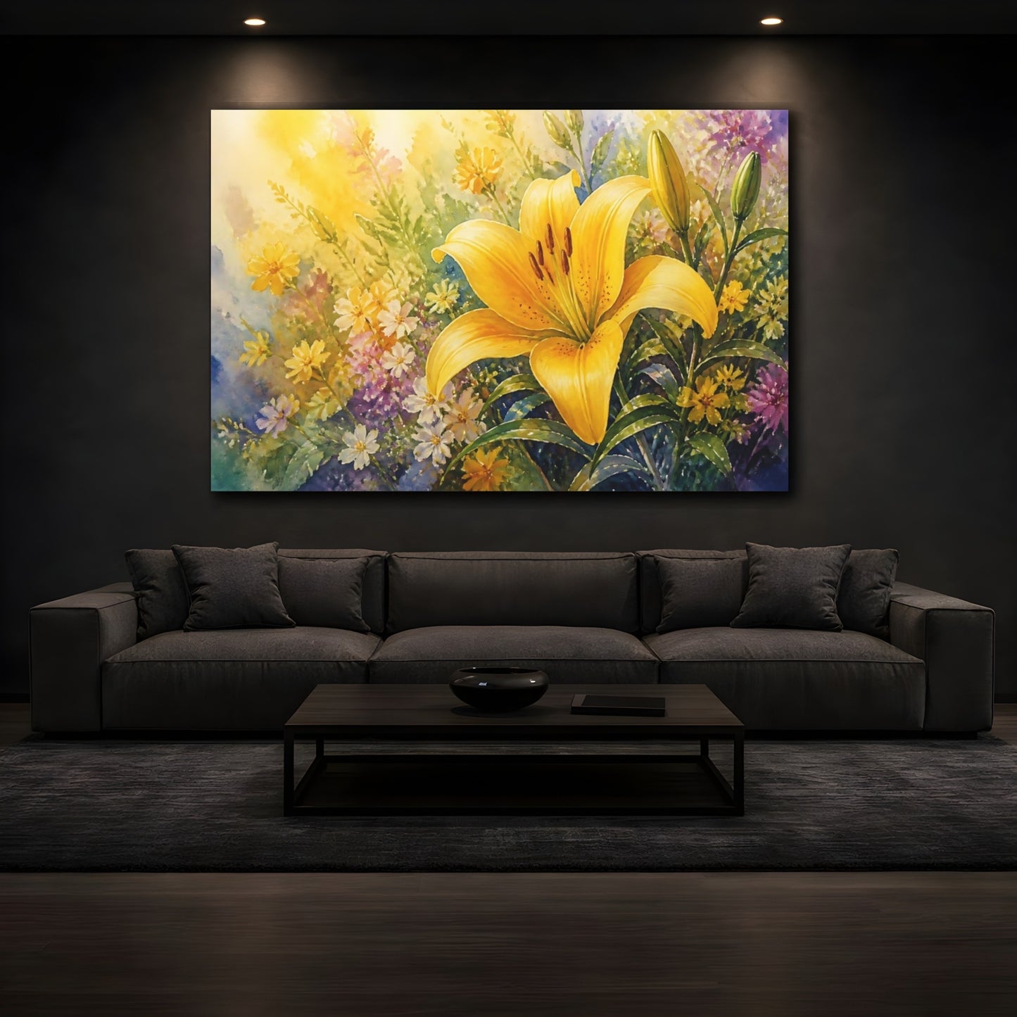 Mockup 3. Floral Yellow Lily Yellow Lily Floral shown as stretched canvas wall art