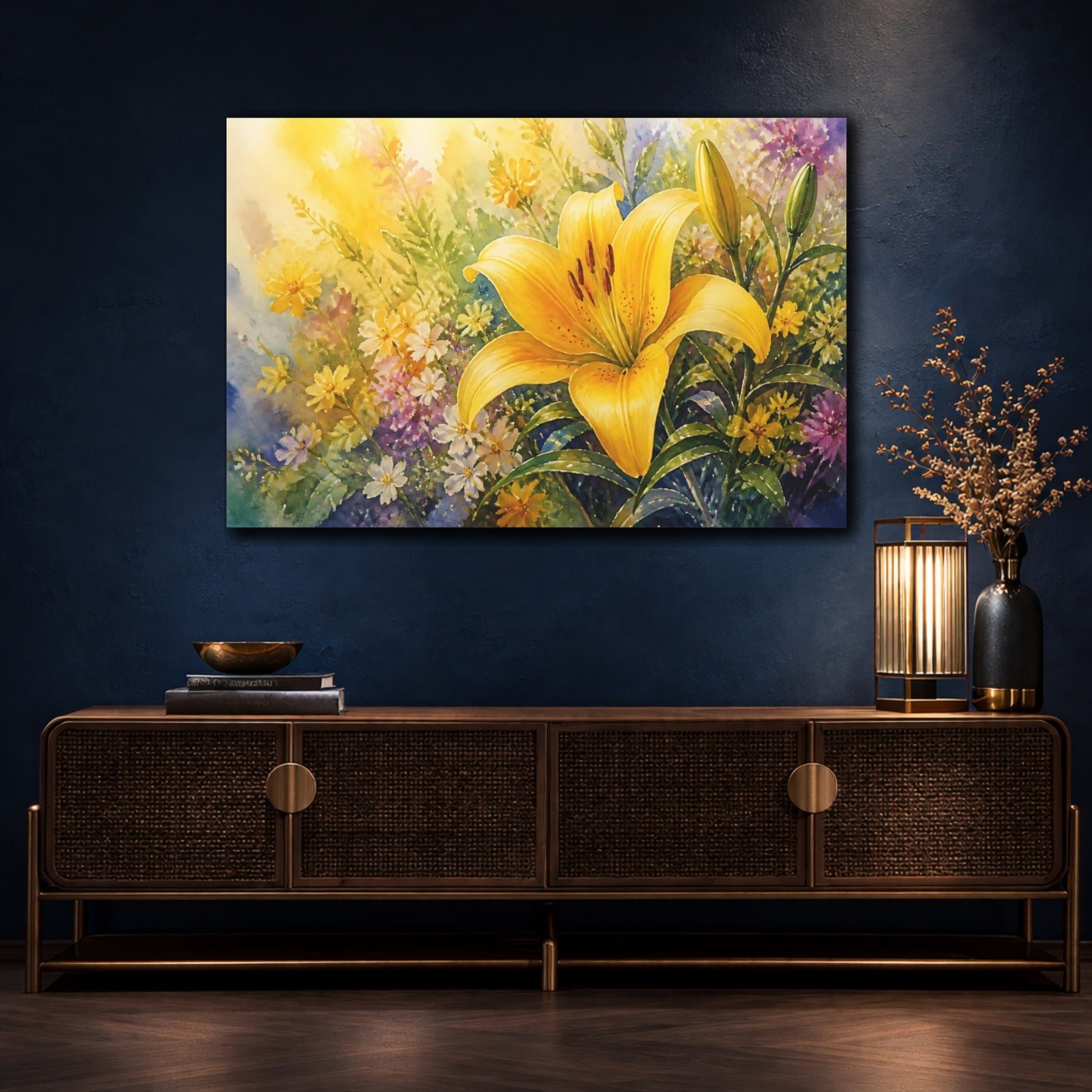 Mockup 4. Floral Yellow Lily Yellow Lily Floral shown as stretched canvas wall art