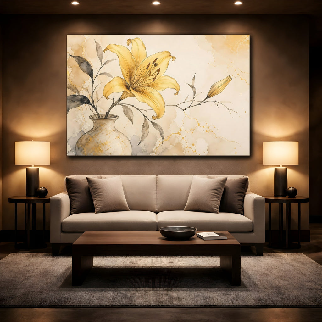 Mockup 2. Floral Yellow Lily Yellow Lily Gold shown as stretched canvas wall art