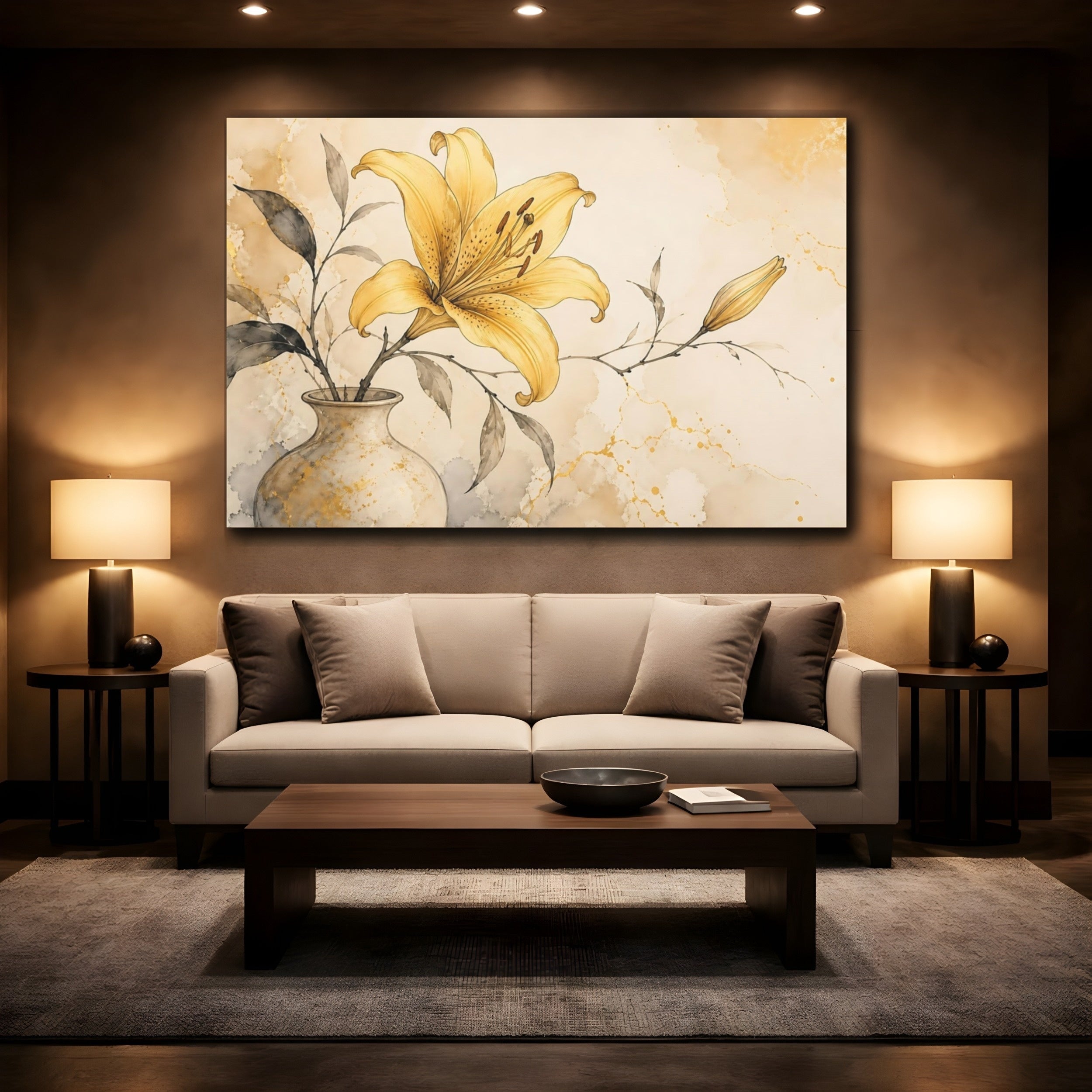 Mockup 2. Floral Yellow Lily Yellow Lily Gold shown as stretched canvas wall art