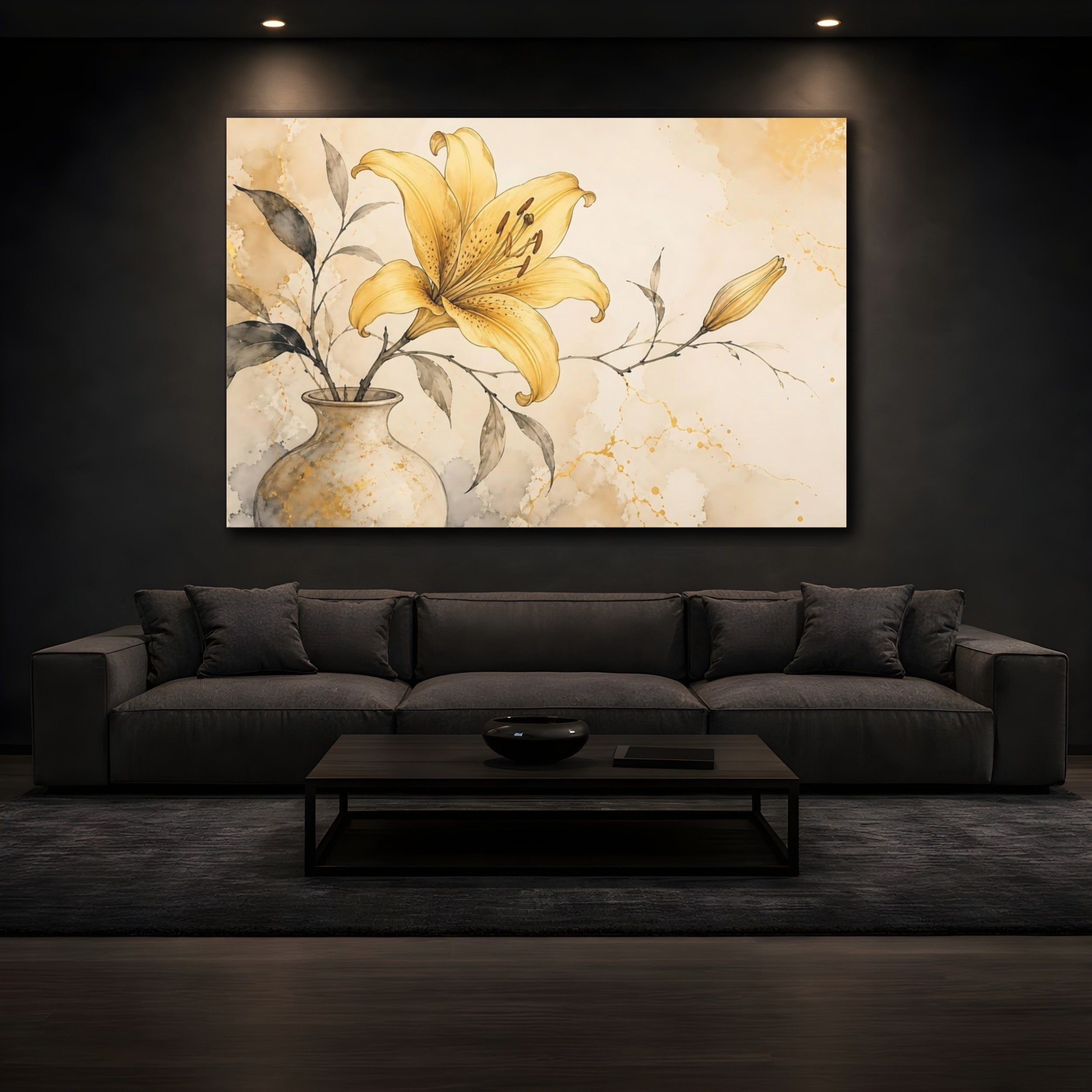 Mockup 3. Floral Yellow Lily Yellow Lily Gold shown as stretched canvas wall art