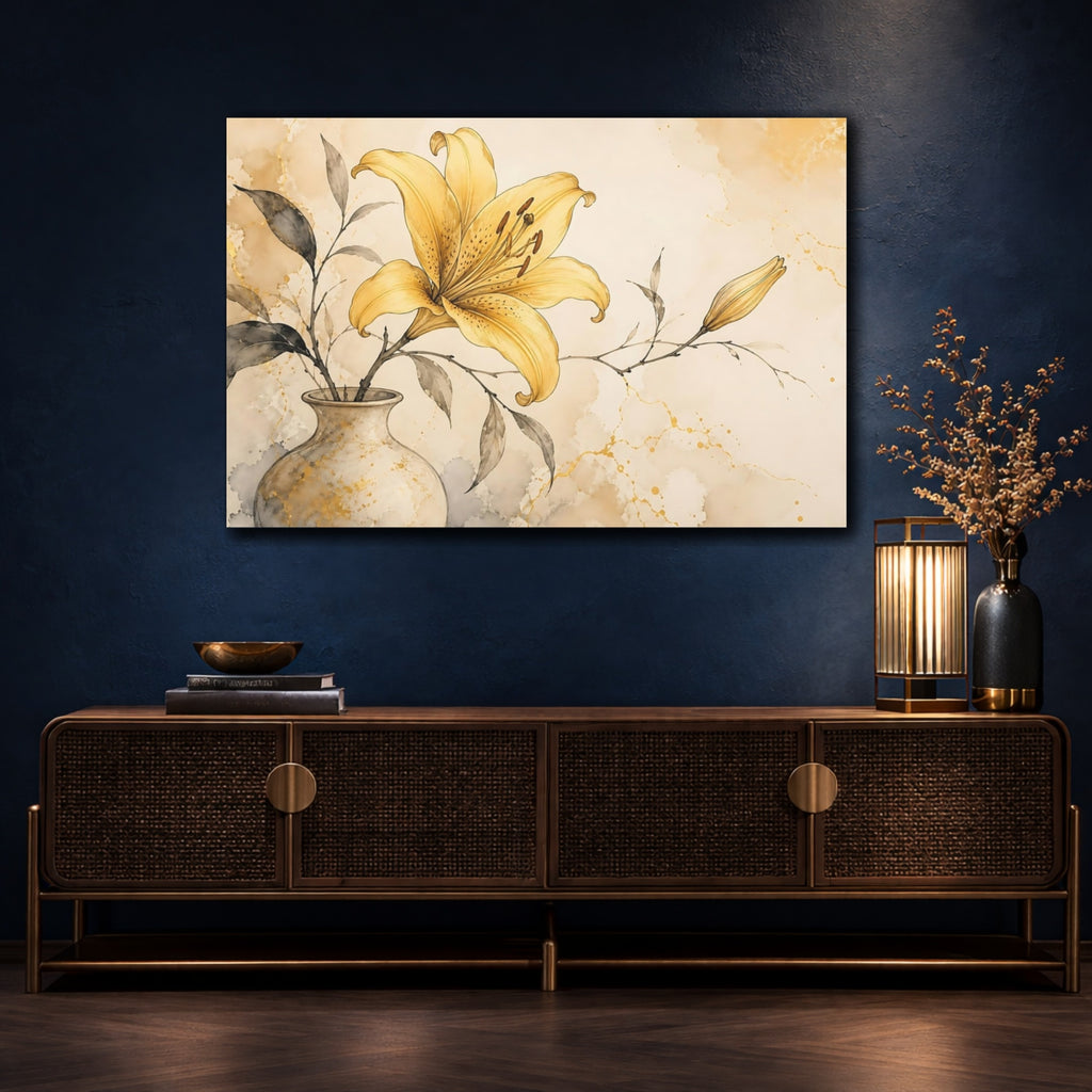 Mockup 4. Floral Yellow Lily Yellow Lily Gold shown as stretched canvas wall art
