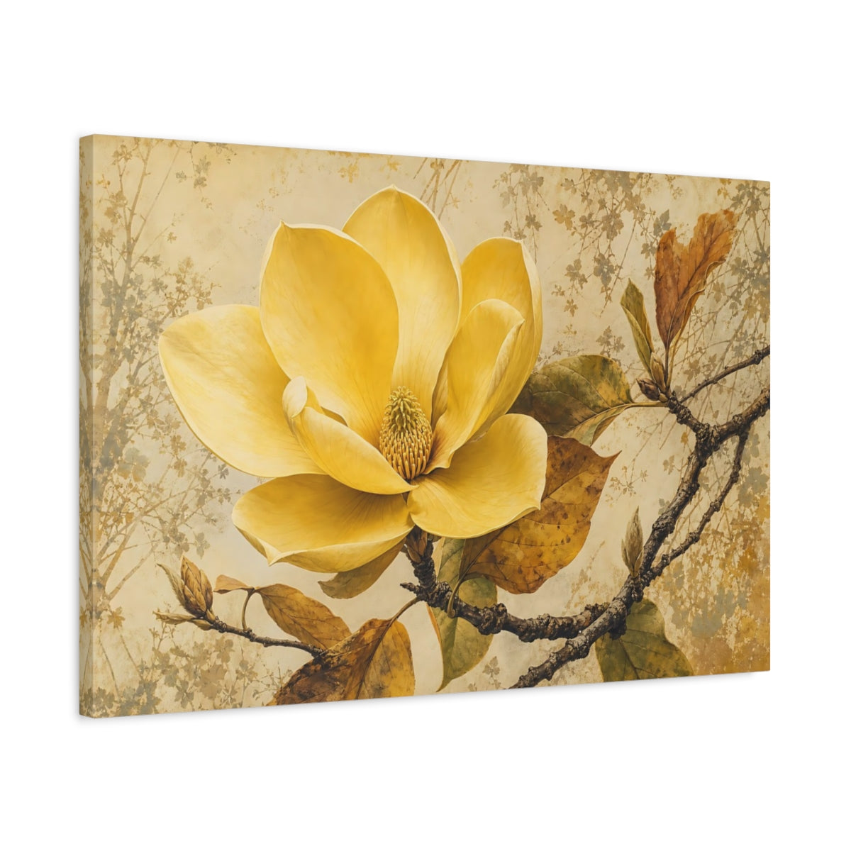 Side Mockup 2. Floral Yellow Magnolia Vintage Floral shown as stretched canvas wall art