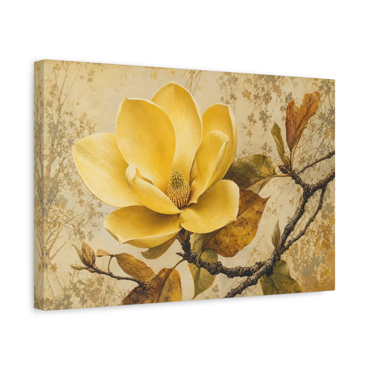 Side Mockup 4. Floral Yellow Magnolia Vintage Floral shown as stretched canvas wall art