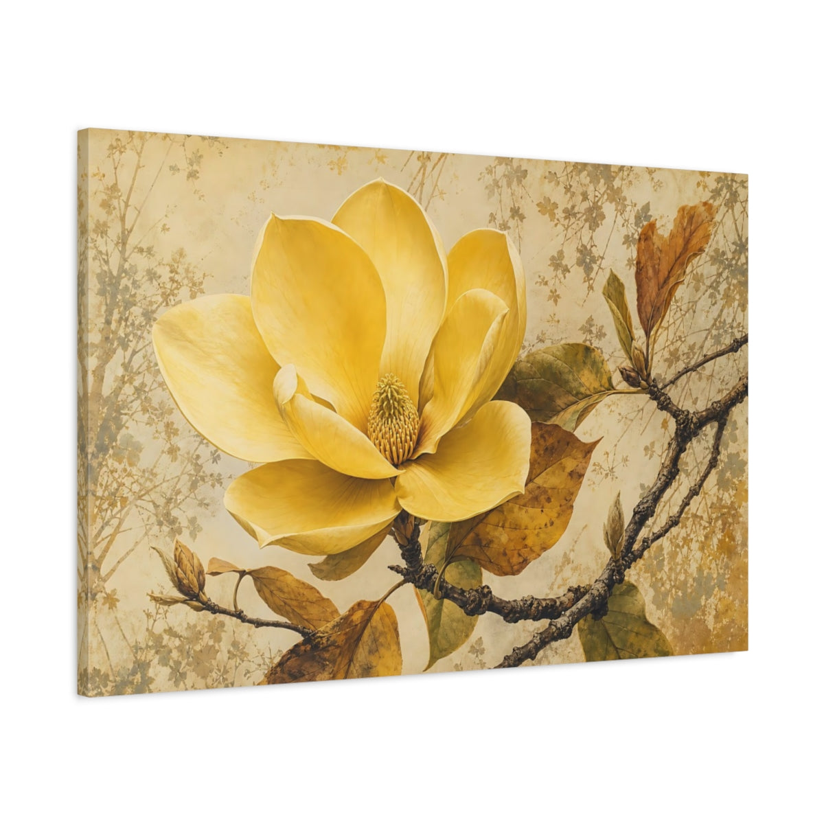 Main Mockup. Floral Yellow Magnolia Vintage Floral shown as stretched canvas wall art