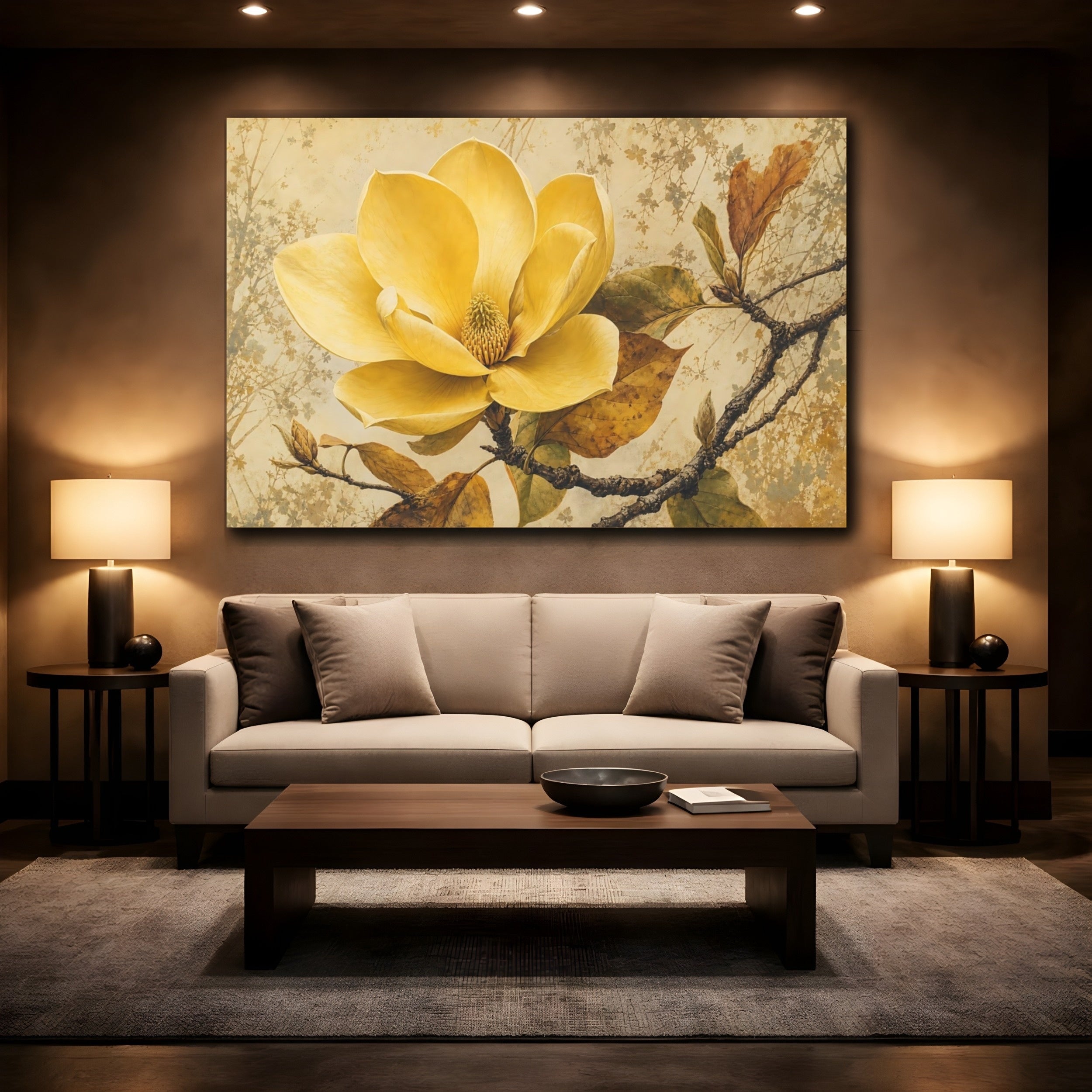 Mockup 2. Floral Yellow Magnolia Vintage Floral shown as stretched canvas wall art