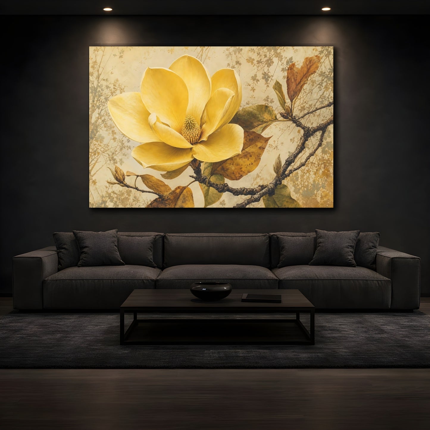 Mockup 3. Floral Yellow Magnolia Vintage Floral shown as stretched canvas wall art