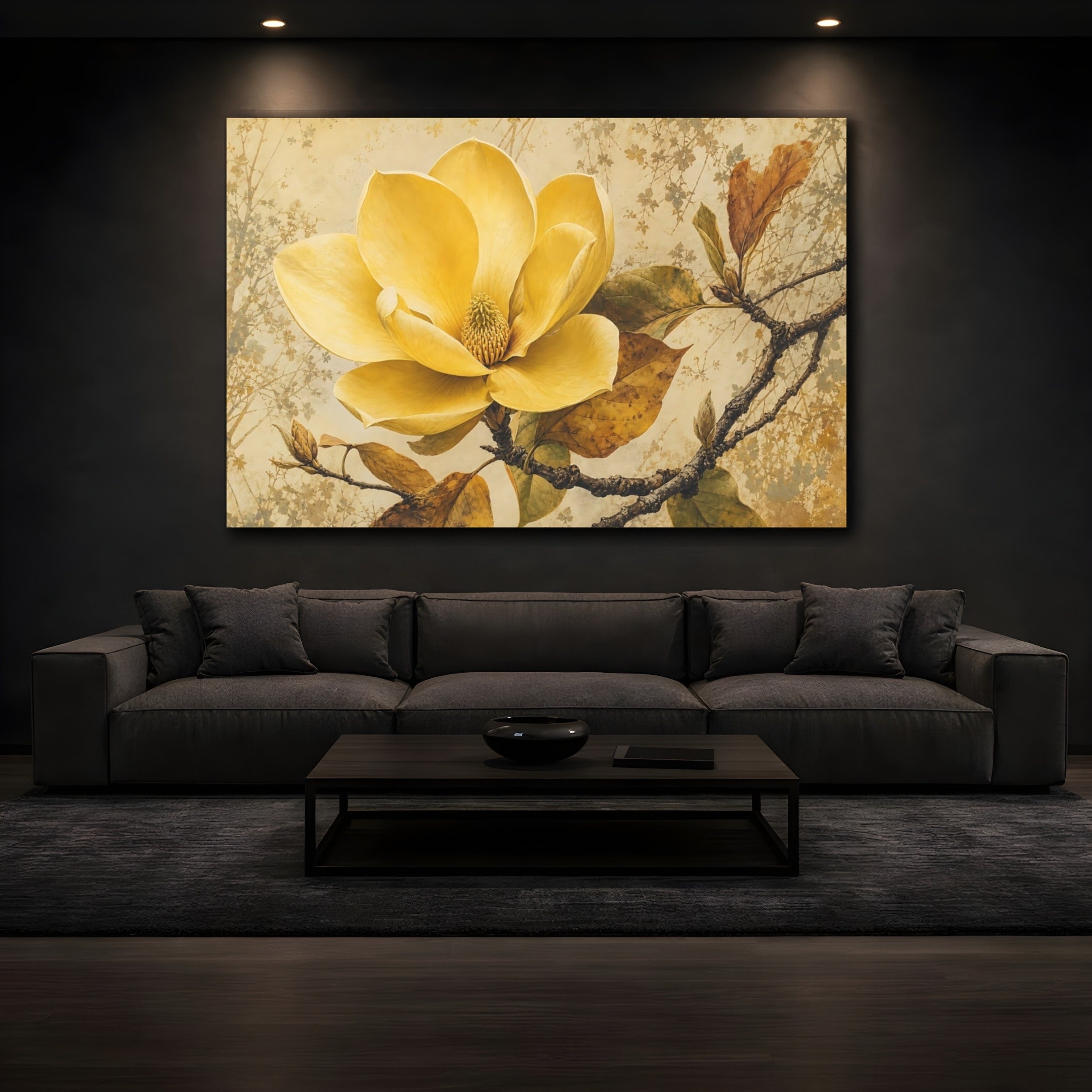 Mockup 3. Floral Yellow Magnolia Vintage Floral shown as stretched canvas wall art