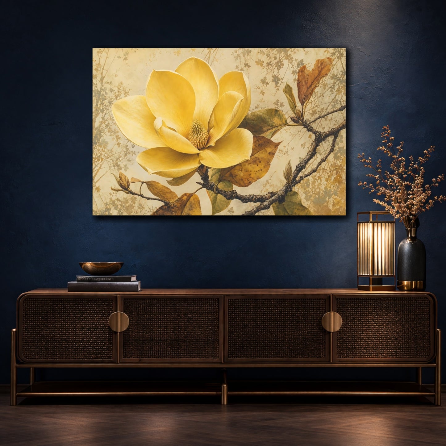 Mockup 4. Floral Yellow Magnolia Vintage Floral shown as stretched canvas wall art