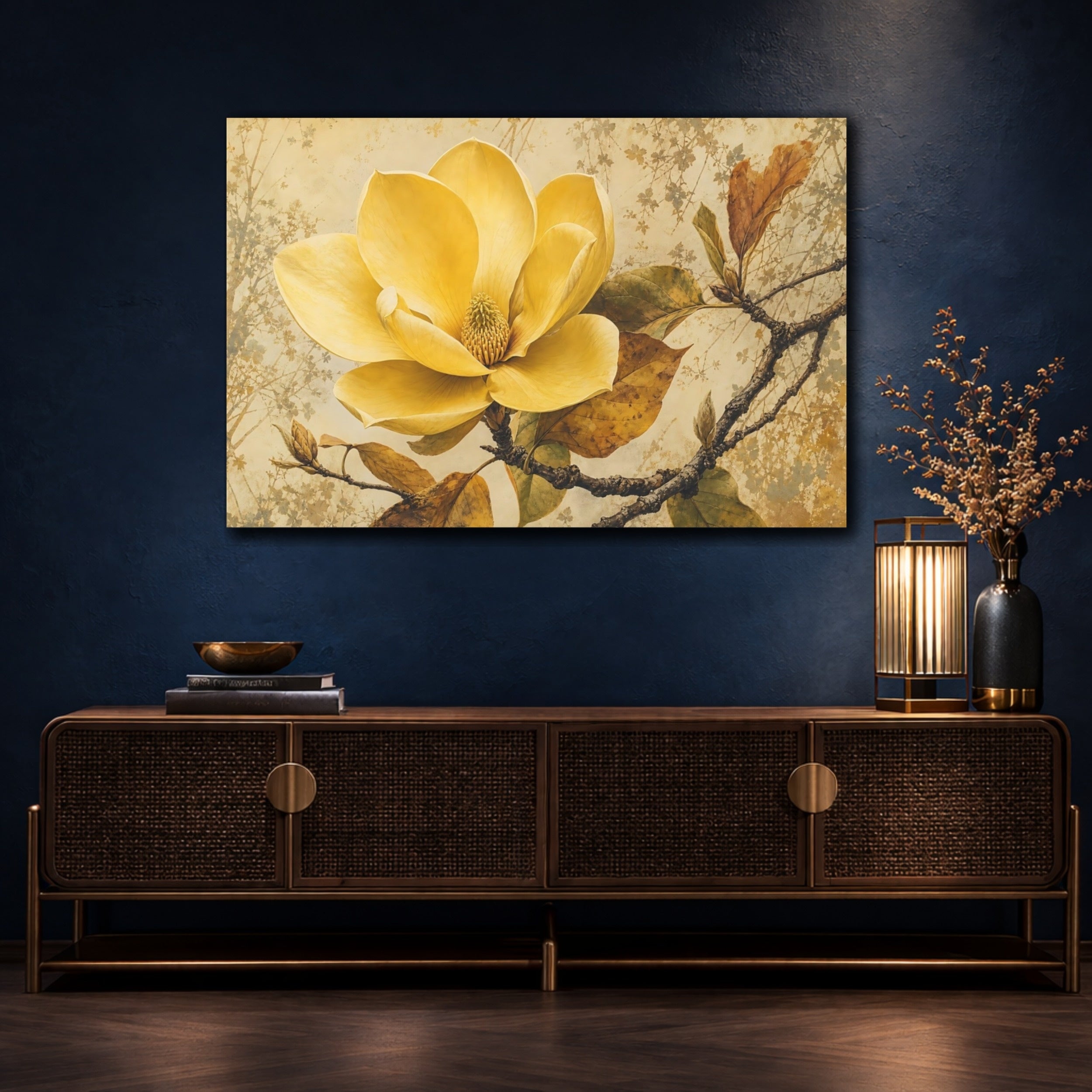 Mockup 4. Floral Yellow Magnolia Vintage Floral shown as stretched canvas wall art