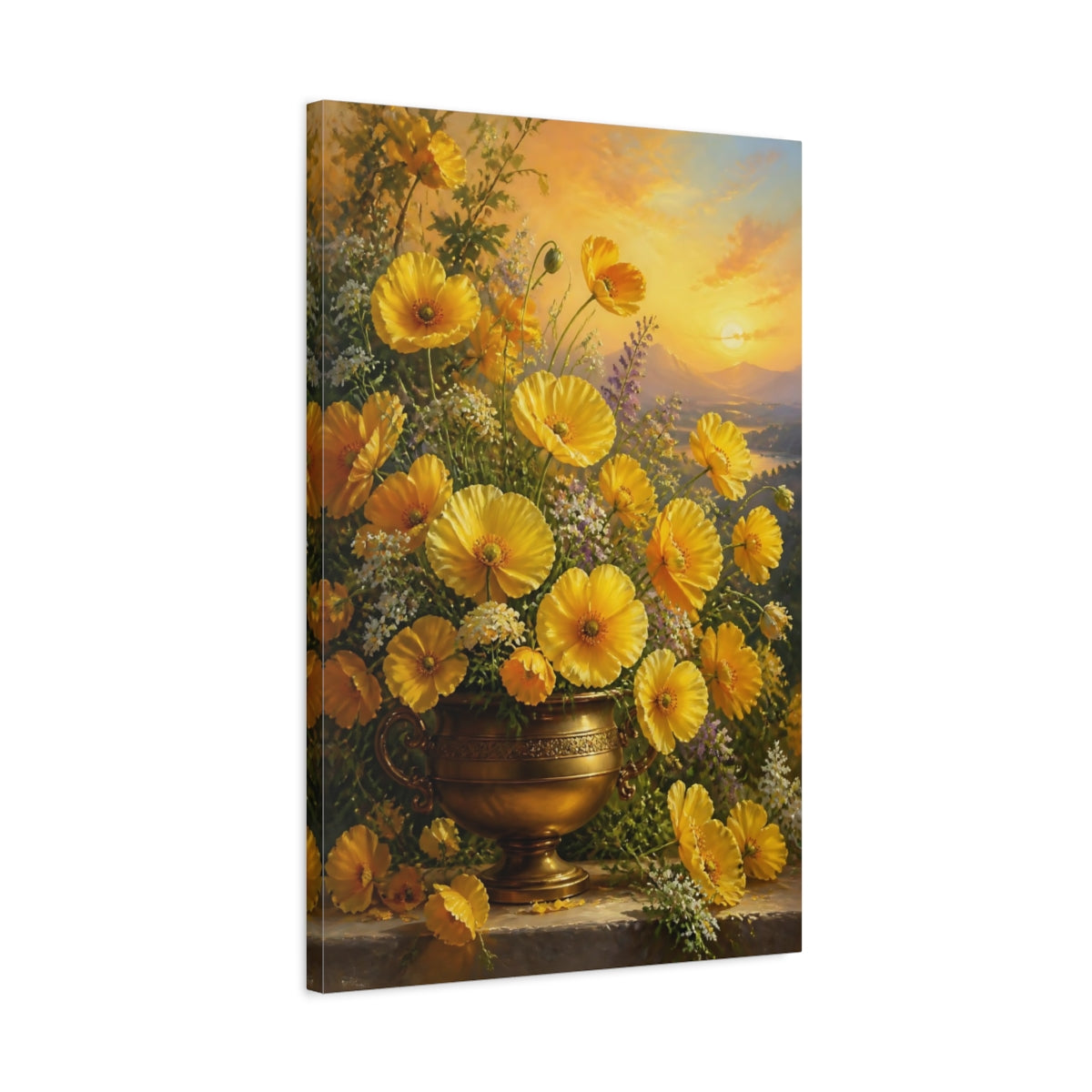 Side Mockup 2. Floral Yellow Poppies Golden Poppies shown as stretched canvas wall art