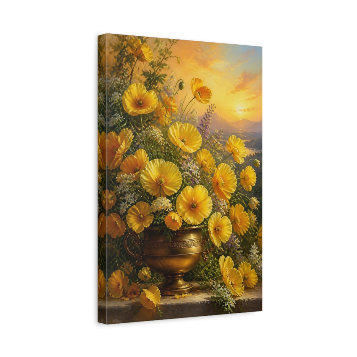 Side Mockup 4. Floral Yellow Poppies Golden Poppies shown as stretched canvas wall art