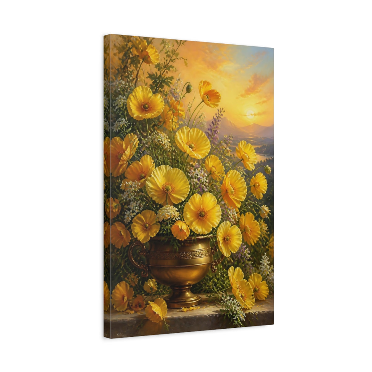 Side Mockup 3. Floral Yellow Poppies Golden Poppies shown as stretched canvas wall art
