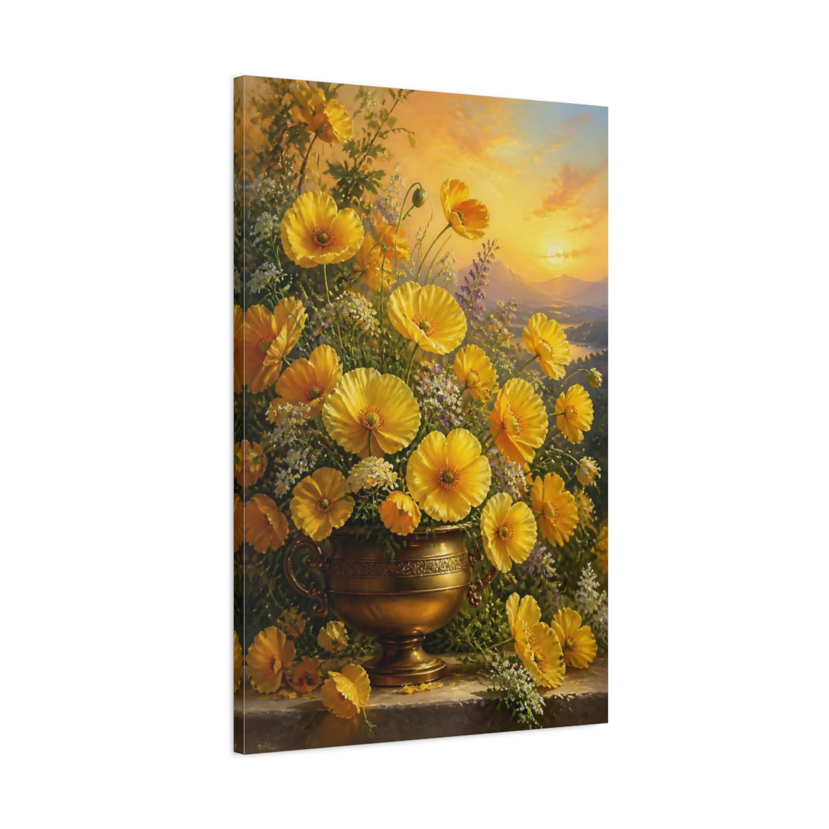 Main Mockup. Floral Yellow Poppies Golden Poppies shown as stretched canvas wall art