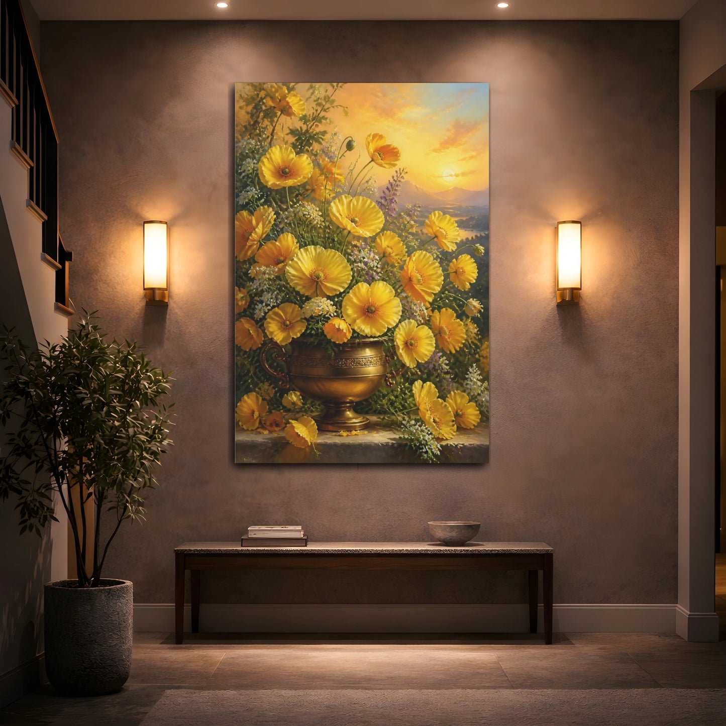Mockup 2. Floral Yellow Poppies Golden Poppies shown as stretched canvas wall art