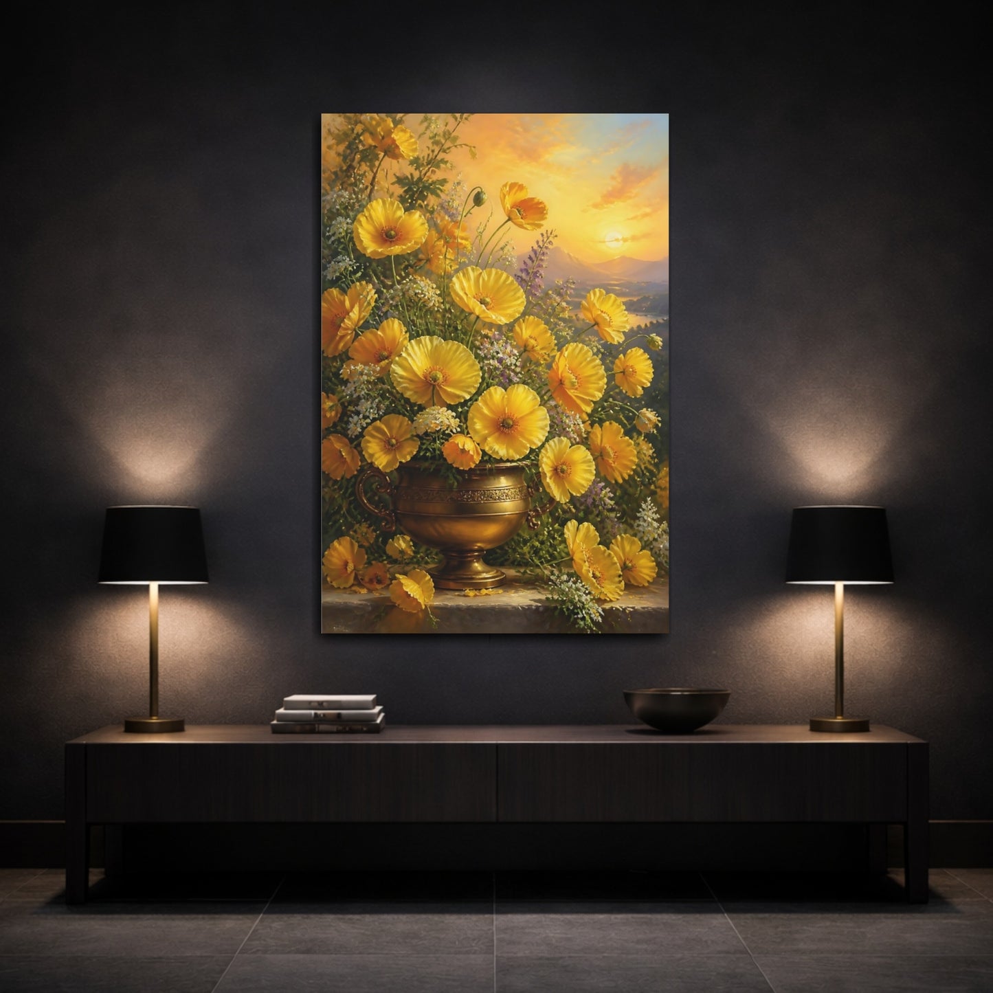 Mockup 3. Floral Yellow Poppies Golden Poppies shown as stretched canvas wall art