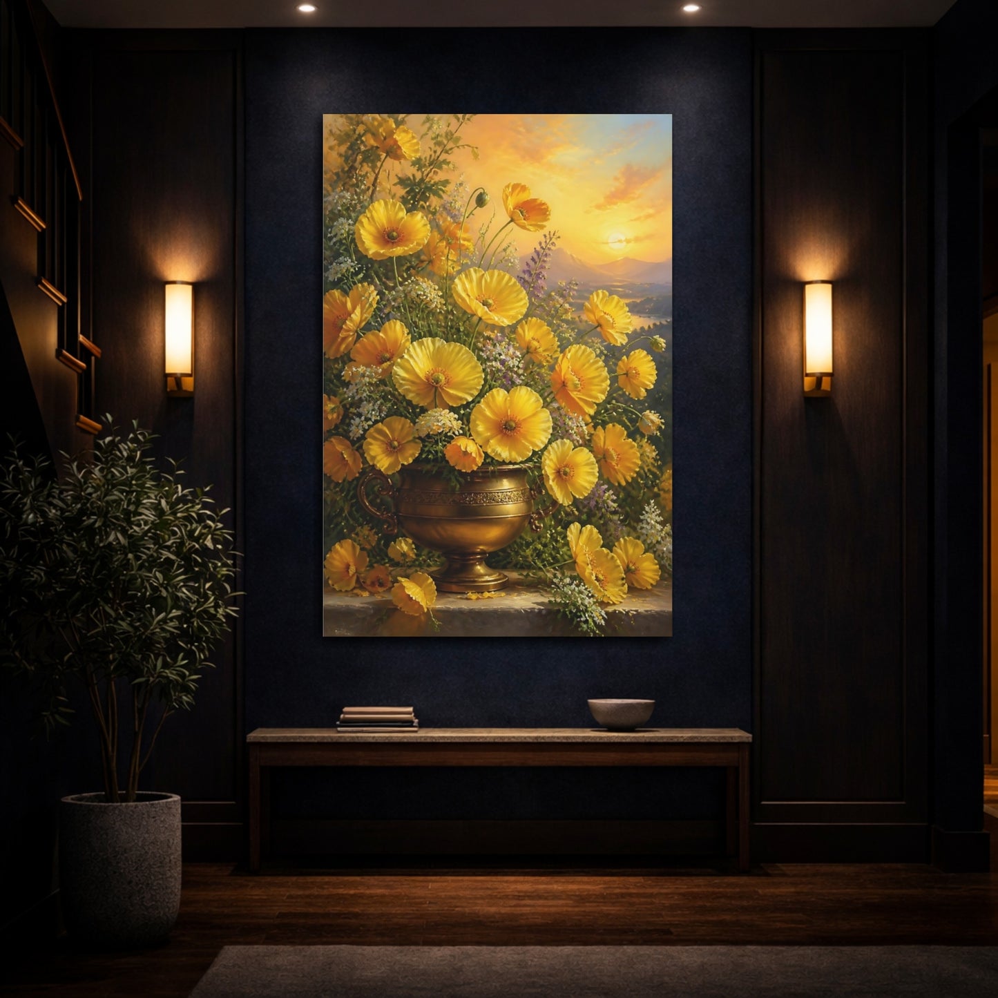 Mockup 4. Floral Yellow Poppies Golden Poppies shown as stretched canvas wall art