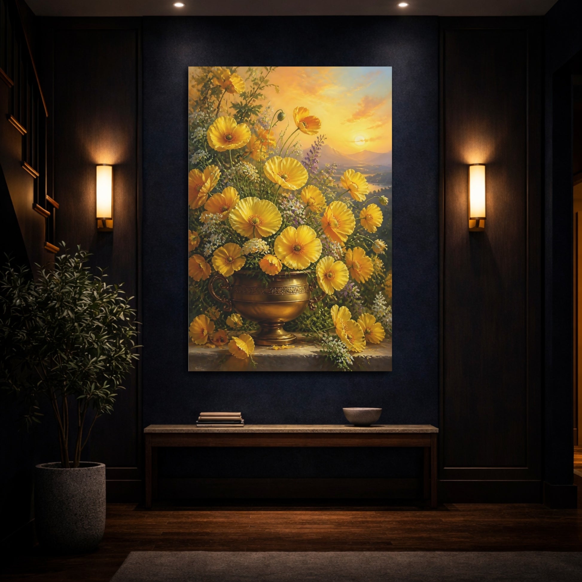 Mockup 4. Floral Yellow Poppies Golden Poppies shown as stretched canvas wall art
