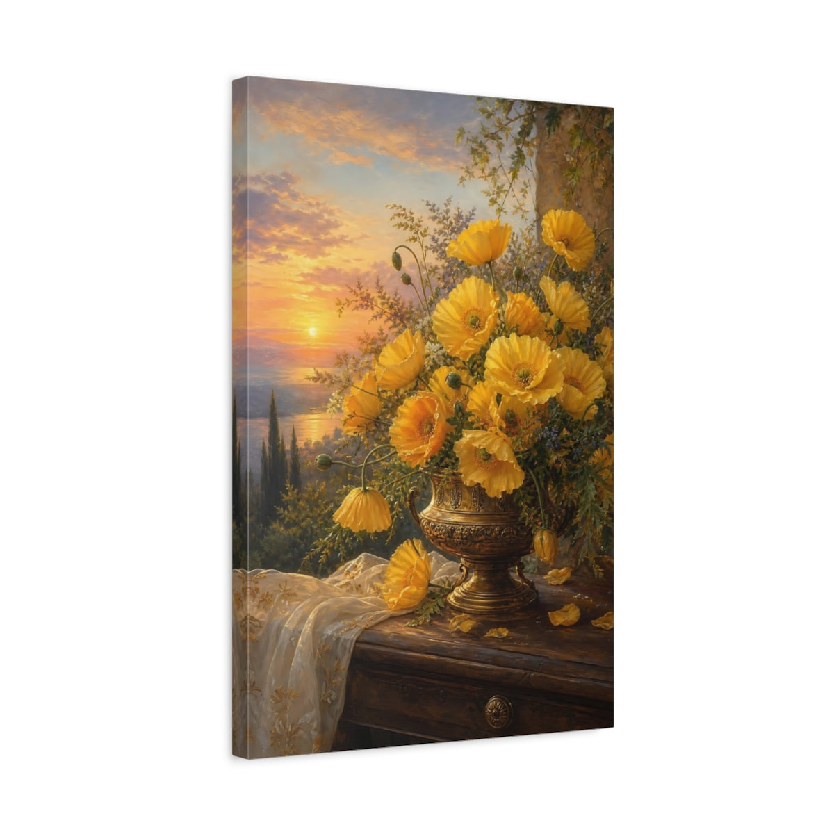 Side Mockup 3. Floral Yellow Poppies Yellow Floral Sunset shown as stretched canvas wall art