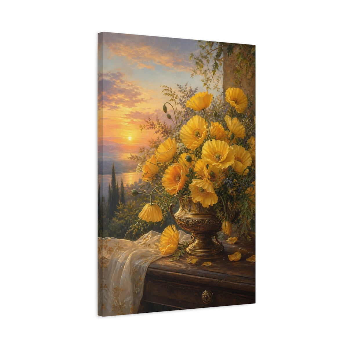Side Mockup 2. Floral Yellow Poppies Yellow Floral Sunset shown as stretched canvas wall art