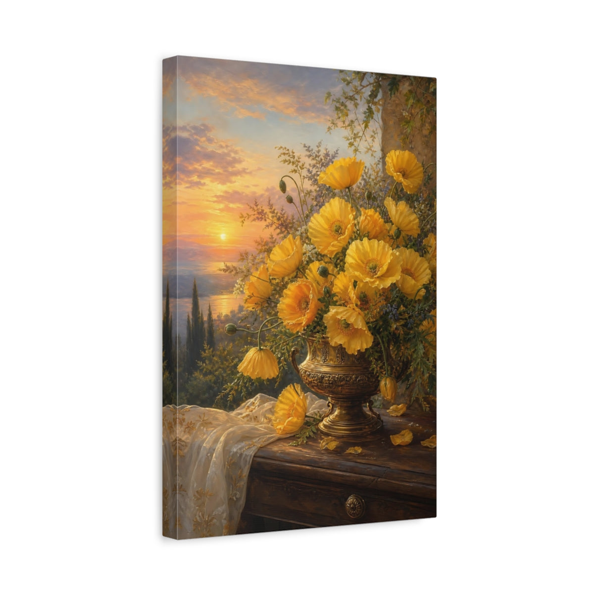 Side Mockup 4. Floral Yellow Poppies Yellow Floral Sunset shown as stretched canvas wall art