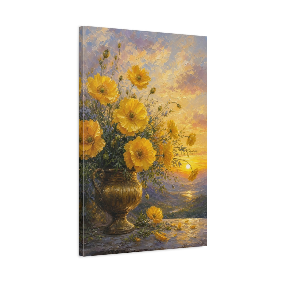 Side Mockup 2. Floral Yellow Poppies Yellow Floral Sunset shown as stretched canvas wall art