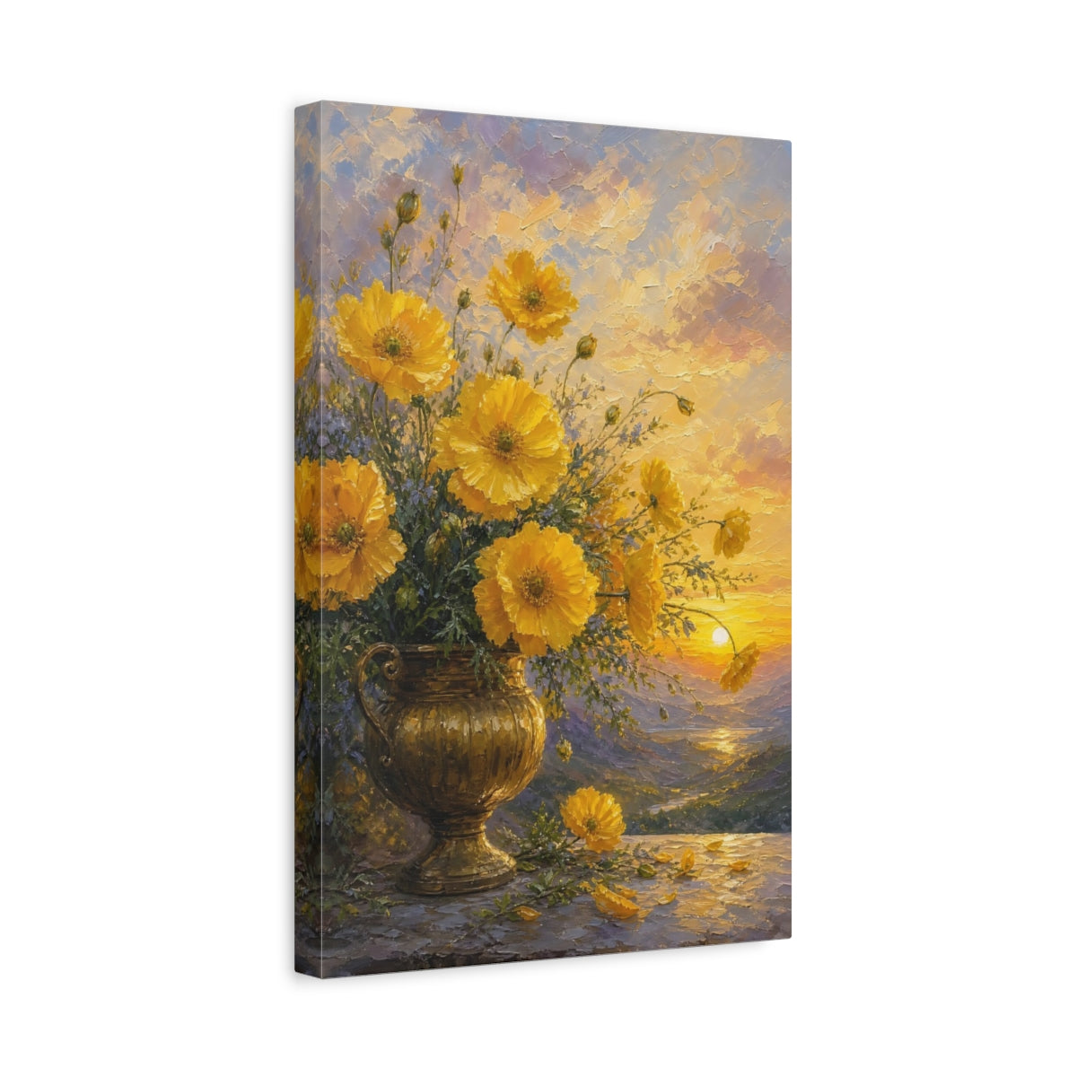 Side Mockup 4. Floral Yellow Poppies Yellow Floral Sunset shown as stretched canvas wall art