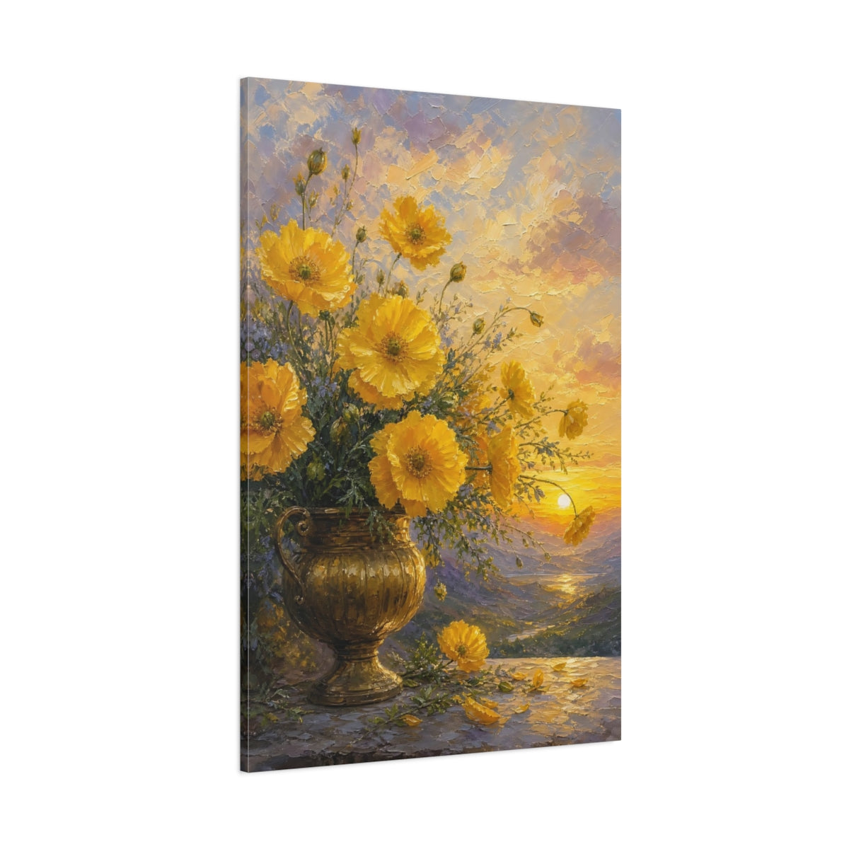 Side Mockup 1. Floral Yellow Poppies Yellow Floral Sunset shown as stretched canvas wall art