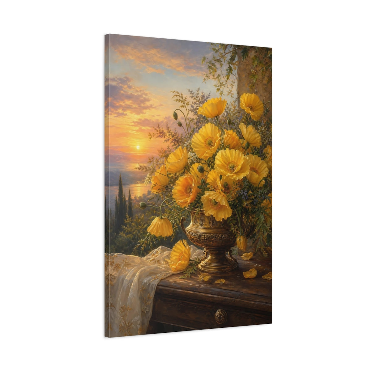 Main Mockup. Floral Yellow Poppies Yellow Floral Sunset shown as stretched canvas wall art