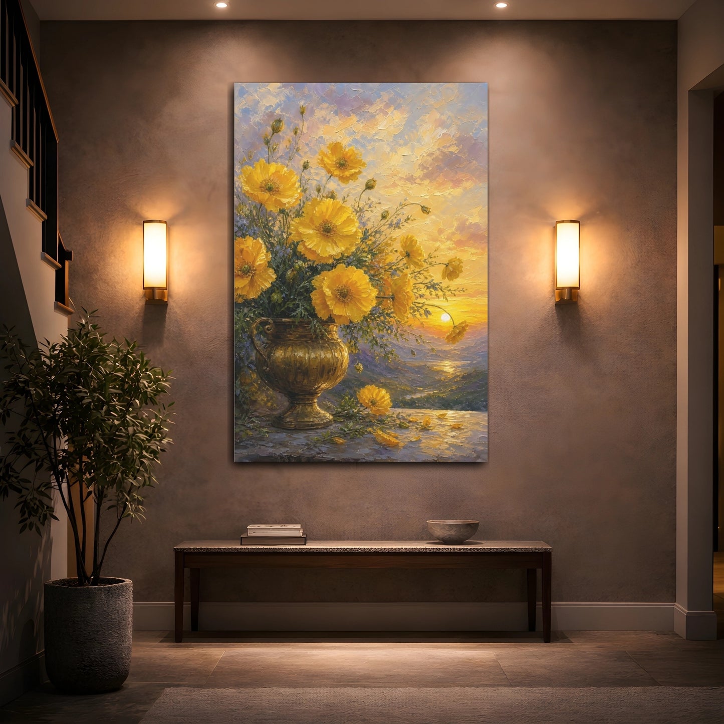 Mockup 2. Floral Yellow Poppies Yellow Floral Sunset shown as stretched canvas wall art