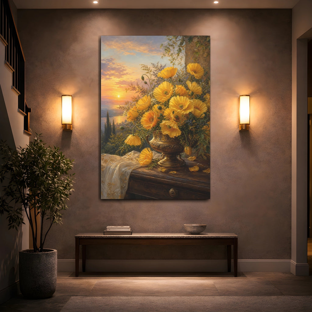Mockup 2. Floral Yellow Poppies Yellow Floral Sunset shown as stretched canvas wall art