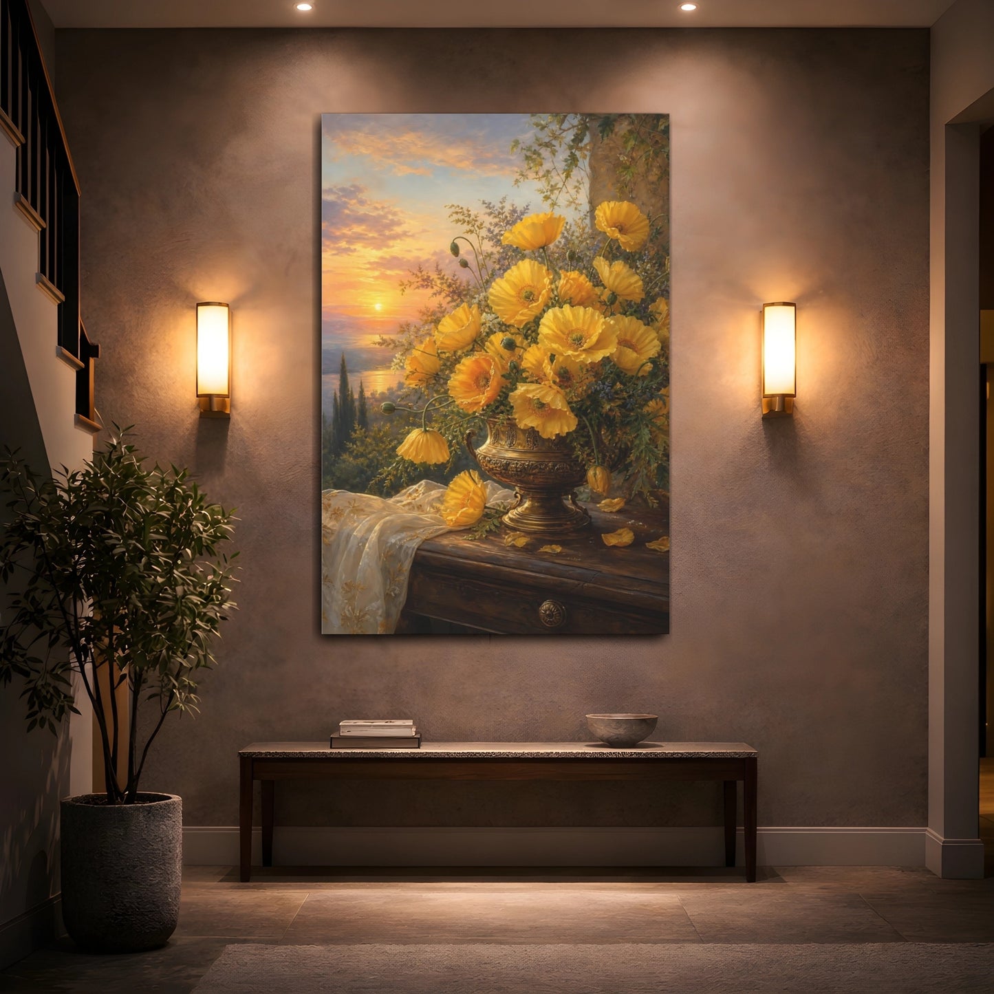 Mockup 2. Floral Yellow Poppies Yellow Floral Sunset shown as stretched canvas wall art