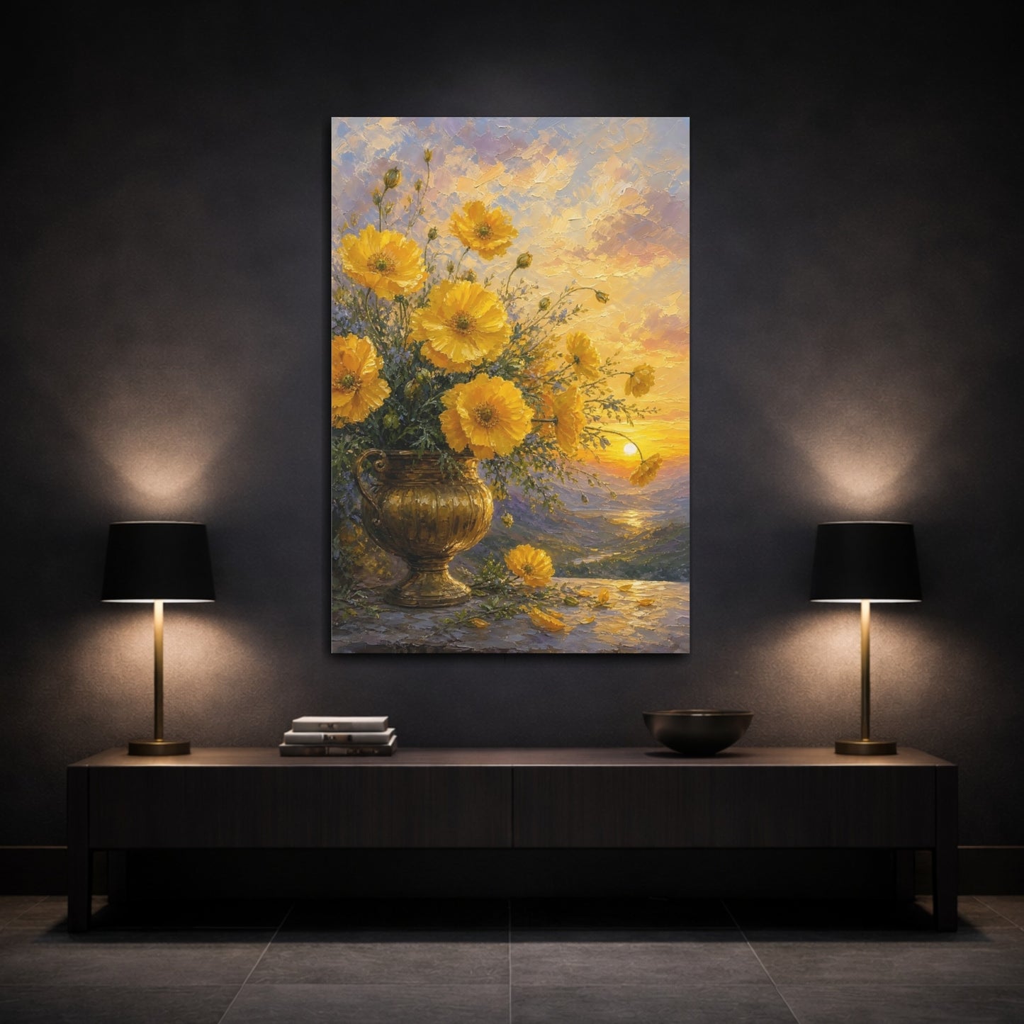 Mockup 3. Floral Yellow Poppies Yellow Floral Sunset shown as stretched canvas wall art