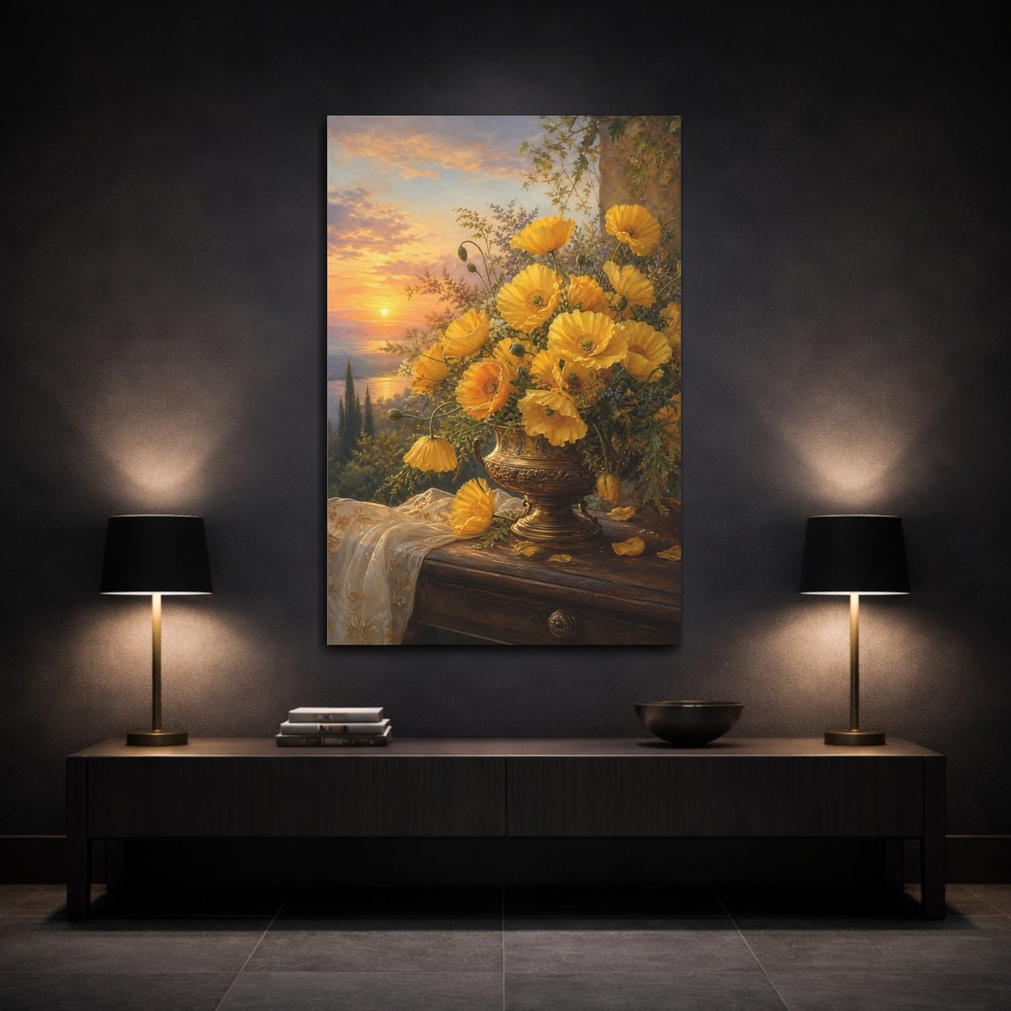 Mockup 3. Floral Yellow Poppies Yellow Floral Sunset shown as stretched canvas wall art