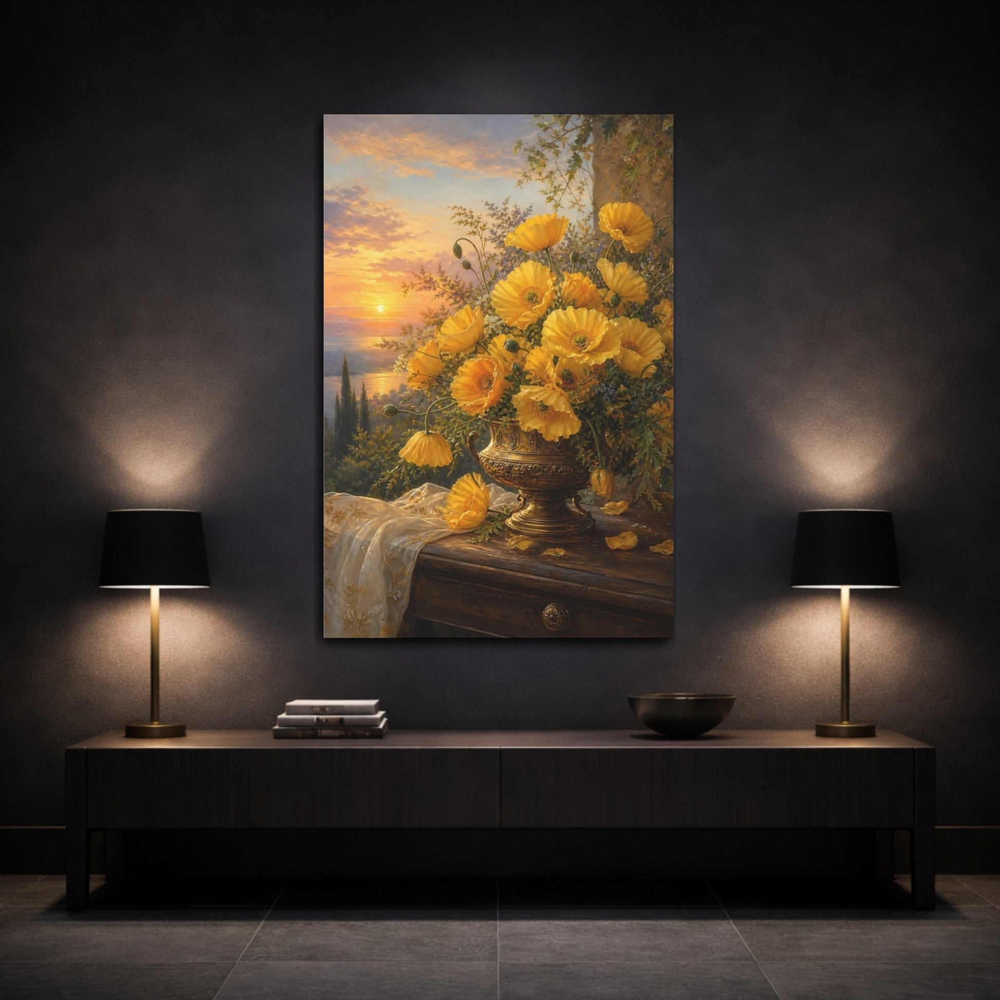 Mockup 3. Floral Yellow Poppies Yellow Floral Sunset shown as stretched canvas wall art