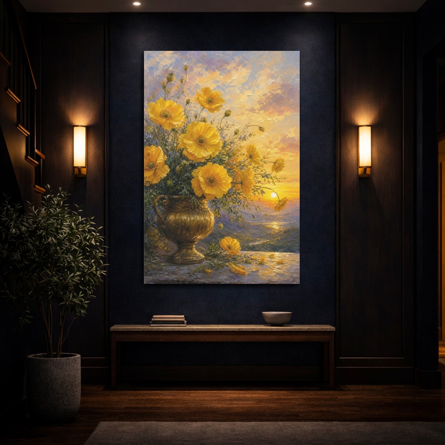 Mockup 4. Floral Yellow Poppies Yellow Floral Sunset shown as stretched canvas wall art
